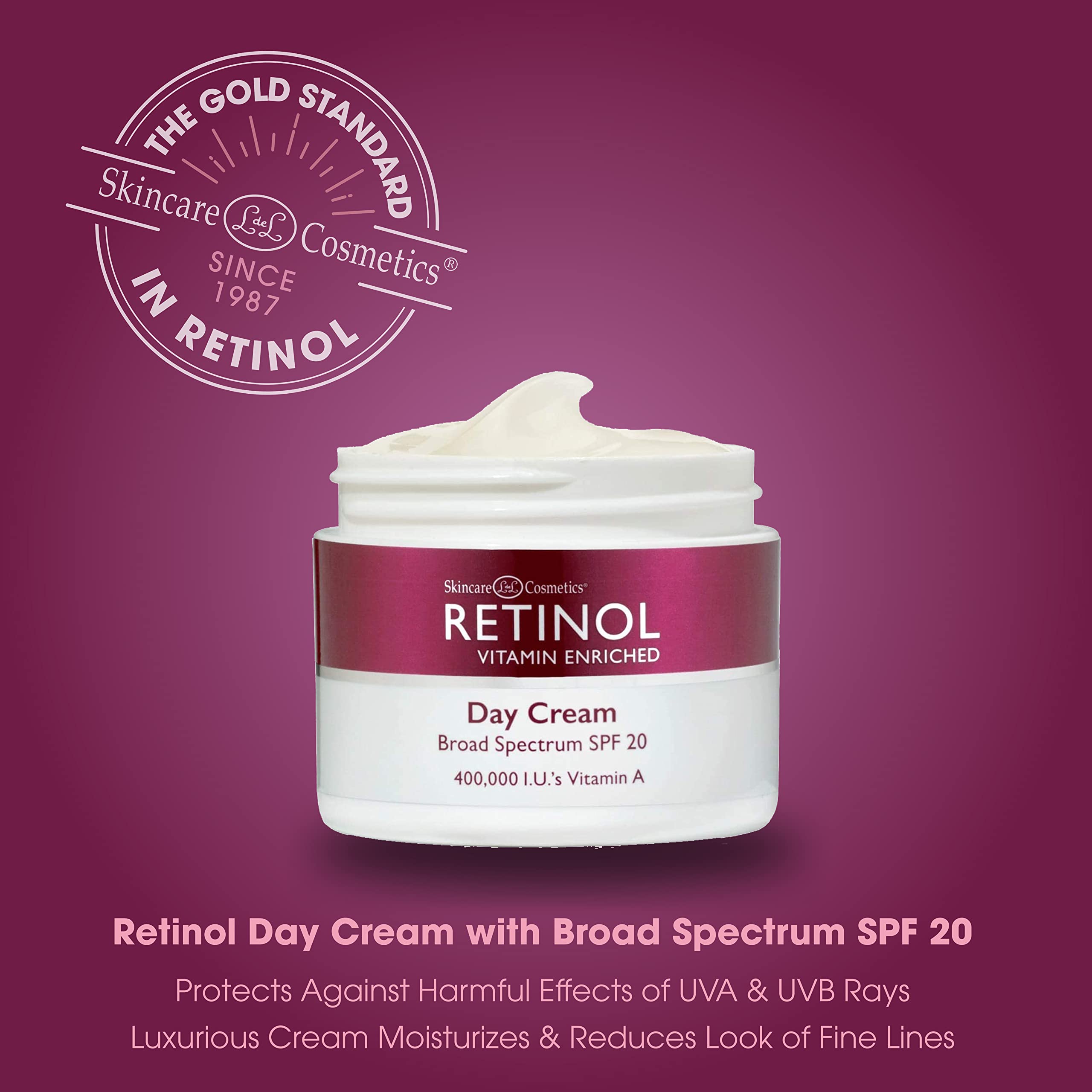 Retinol Day Cream SPF 20 - Moisturizes, Reduces Fine Lines, 1.7 Oz - Broad Spectrum Sun Protection by LdeL Cosmetics