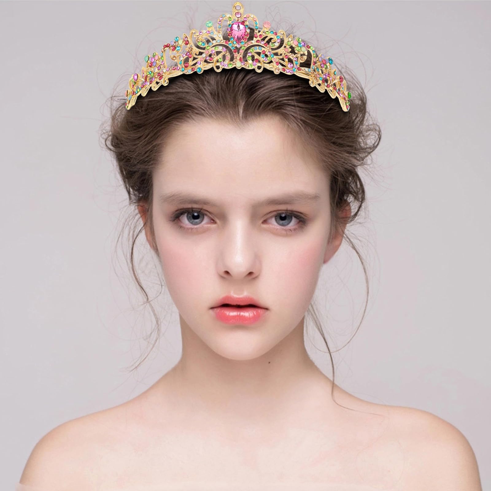 Ciehe Crystal Crown Gold Tiaras For Women, Multicolor Rhinestones Princess Crown With Combs For Birthday Girl, Prom Crown Weddin