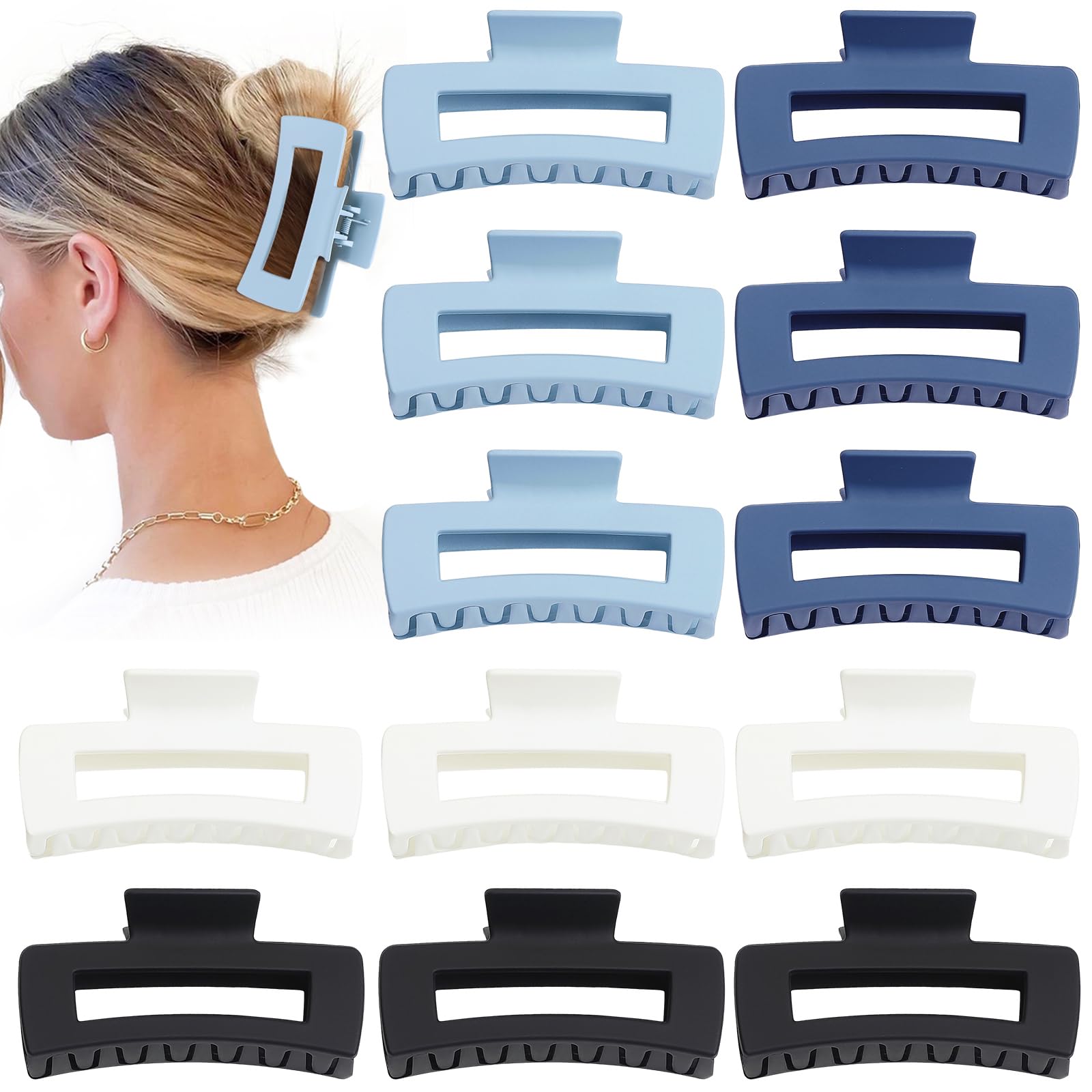 Sisiaipu Hair Clip, 4.1 Inch Large Square Hair Claws Clips 12 Pcs for Thick Hair - Blue, for Women and Girls