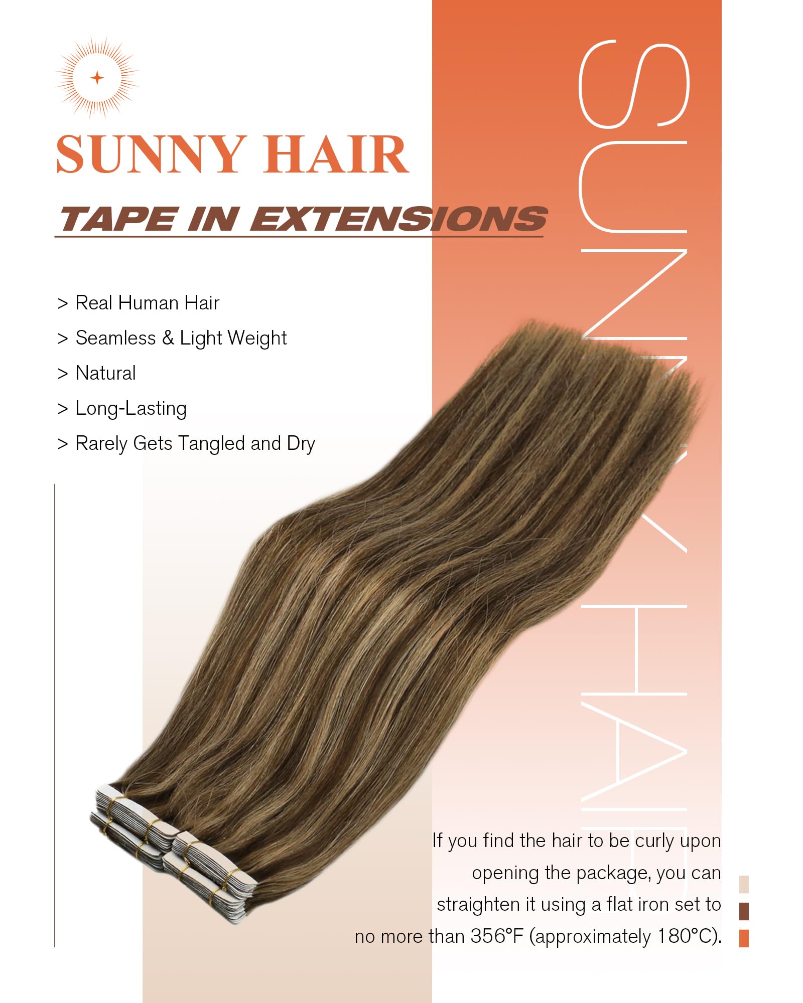 Sunny Hair Tape in Hair Extensions Real Human Hair Invisible Remy Hair Extensions Tape ins for Women Dark Brown Highlight Carame