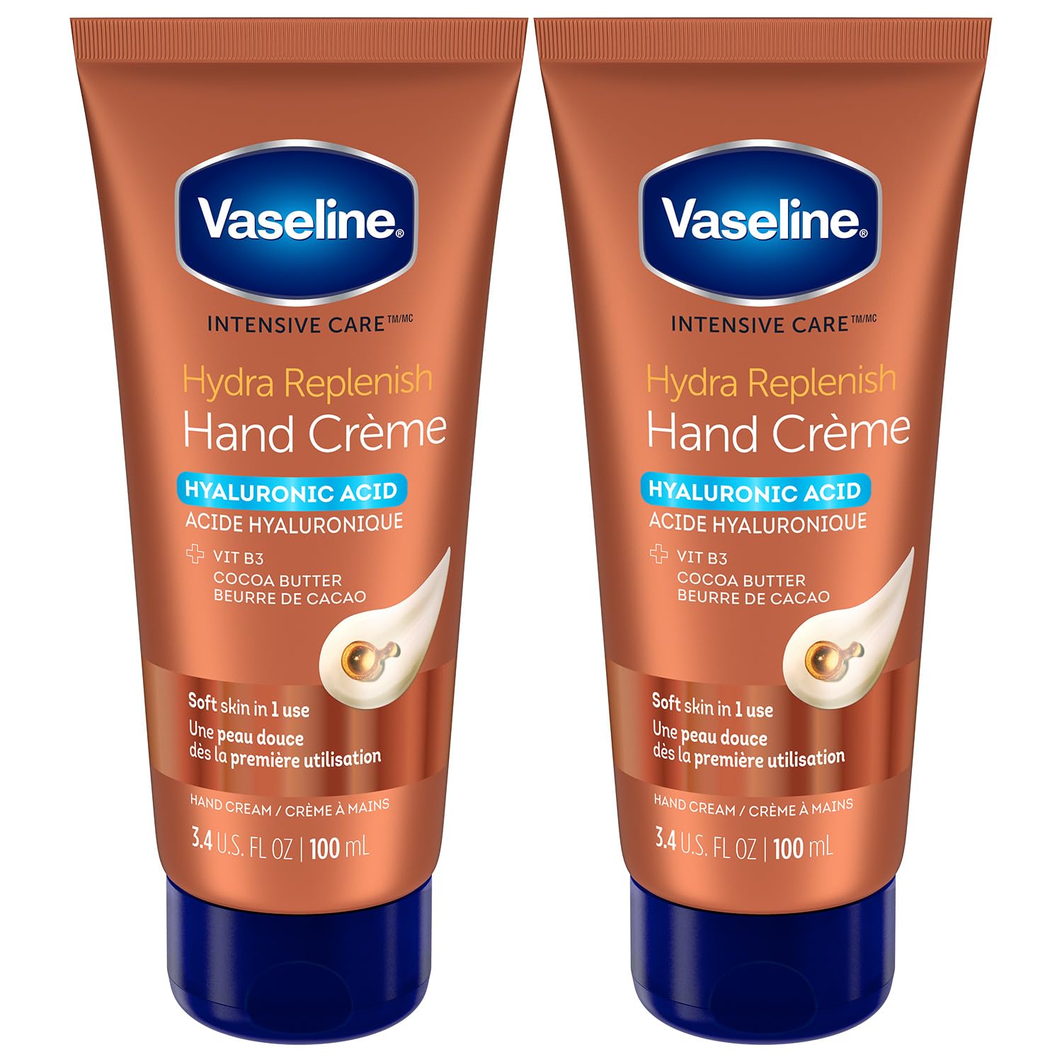 Vaseline Hand Cream 2-Pack - Hydra Replenish Hand Crme, Petroleum Jelly, Hyaluronic Acid, Cocoa Butter Lotion for Dry Skin with 