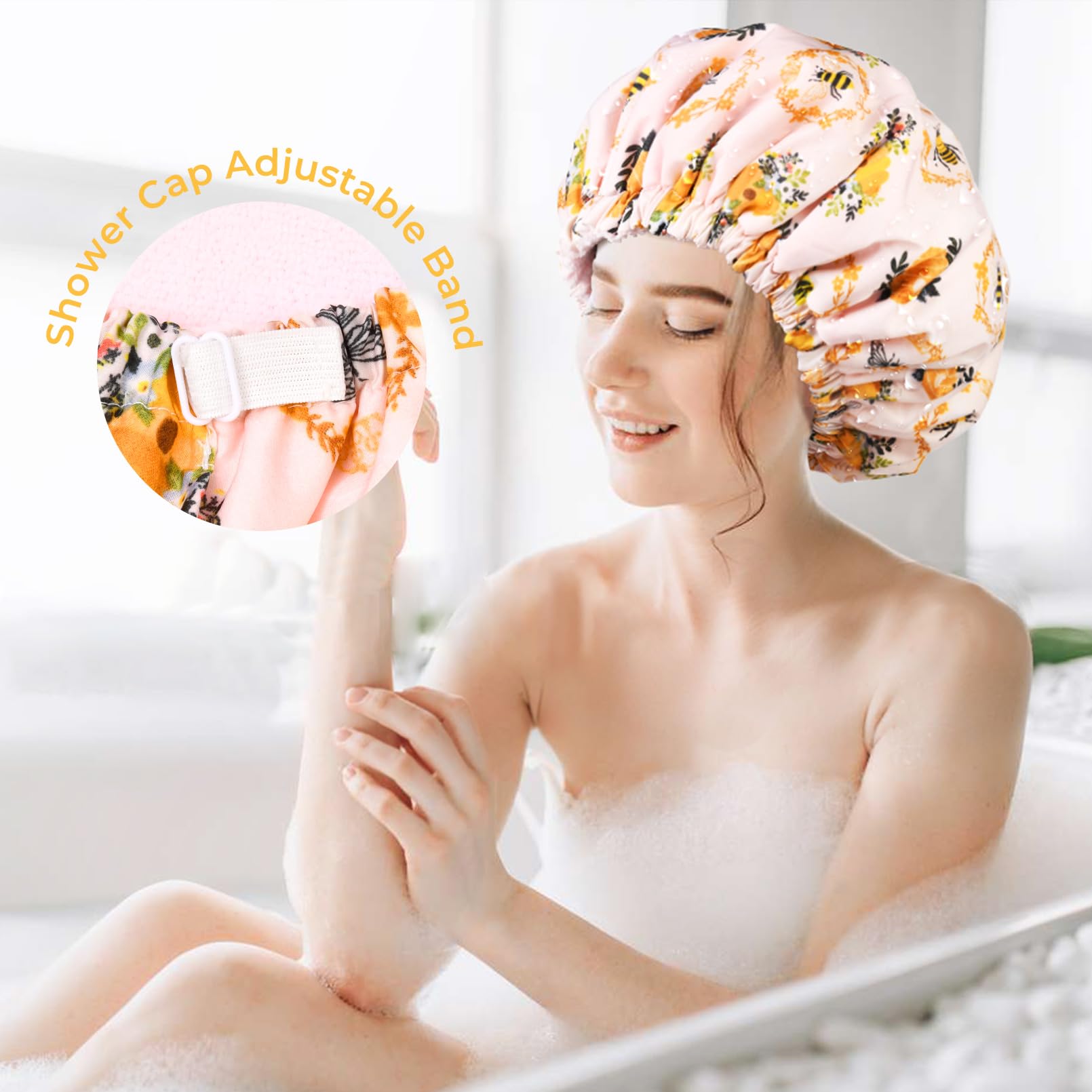 Shower Cap For Women Terry Lined Bee Bath Cap Large Reusable Waterproof Elastic Band Beekeeper Shower Caps For Long Thick Hair S