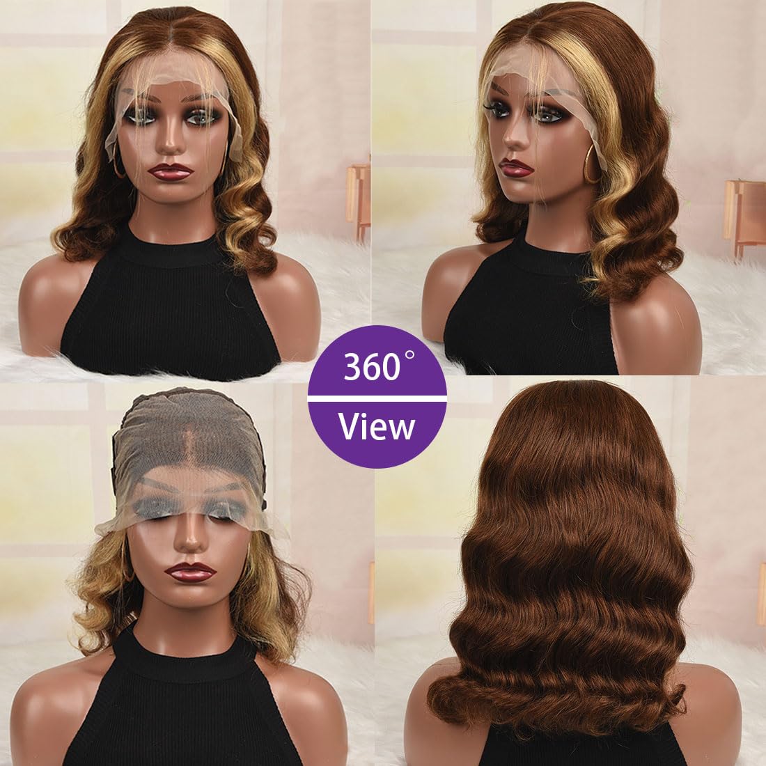 Brown With Blonde Highlight Bob Body Wave Lace Front Wigs Human Hair 13X4 Hd 180% Density Glueless Bob Wig Human Hair Pre Plucke