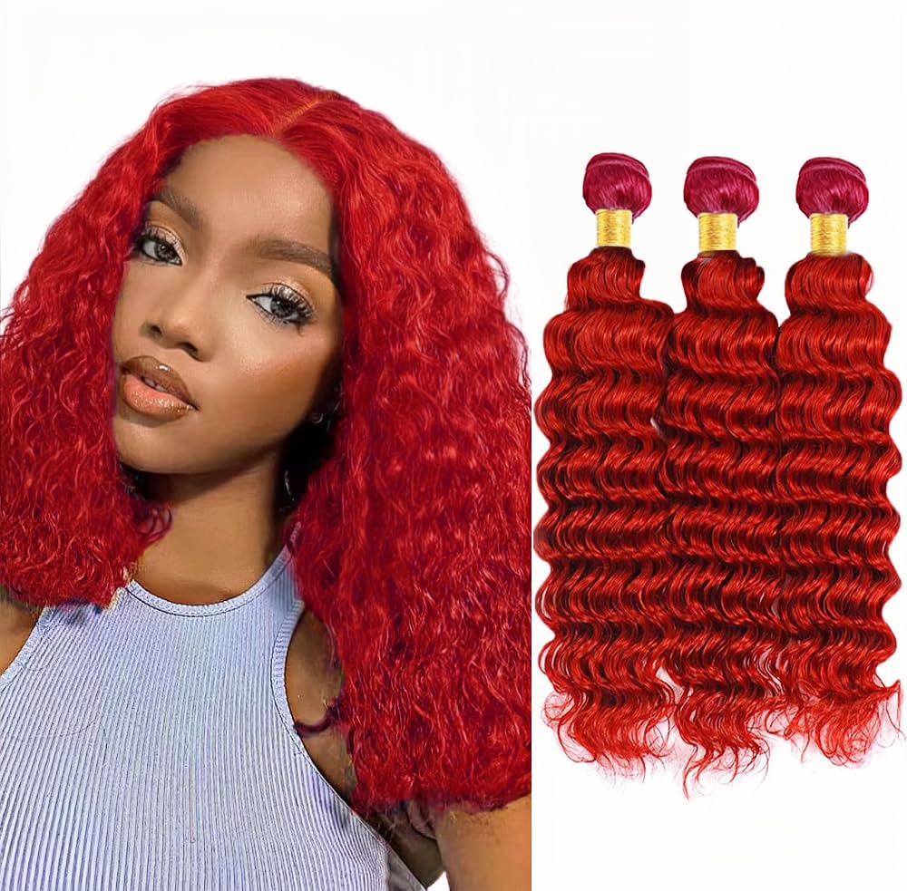 Red Bundles Deep Wave Bundles Human Hair 16 18 20 Inch Unprocessed Brazilian Virgin Hair Weave 3 Bundle 50 Grams Per Bundle Red 