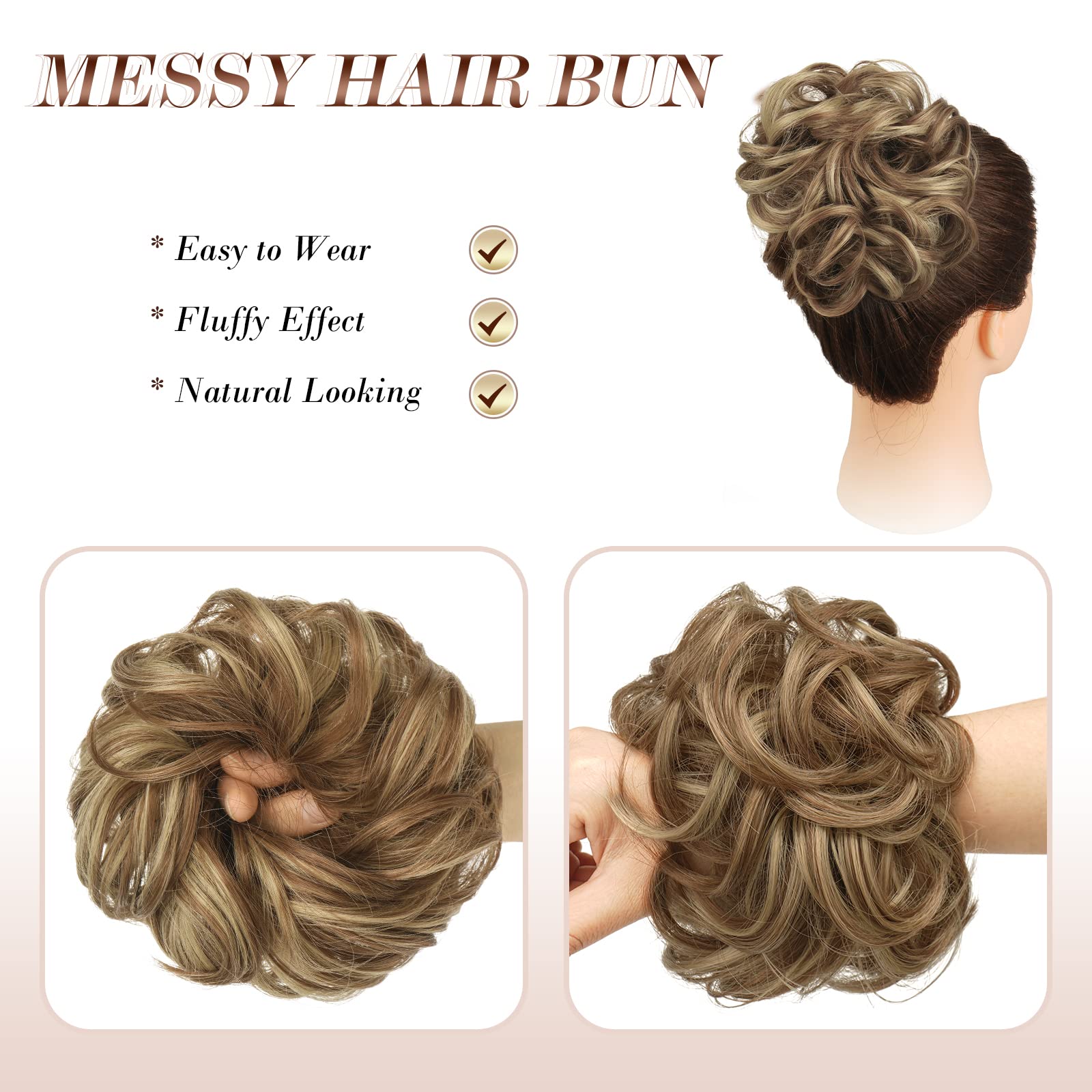 Feshfen Messy Bun Hair Piece, Messy Hair Bun Scrunchies For Women Brown And Blonde Synthetic Wavy Curly Chignon Ponytail Hair Ex