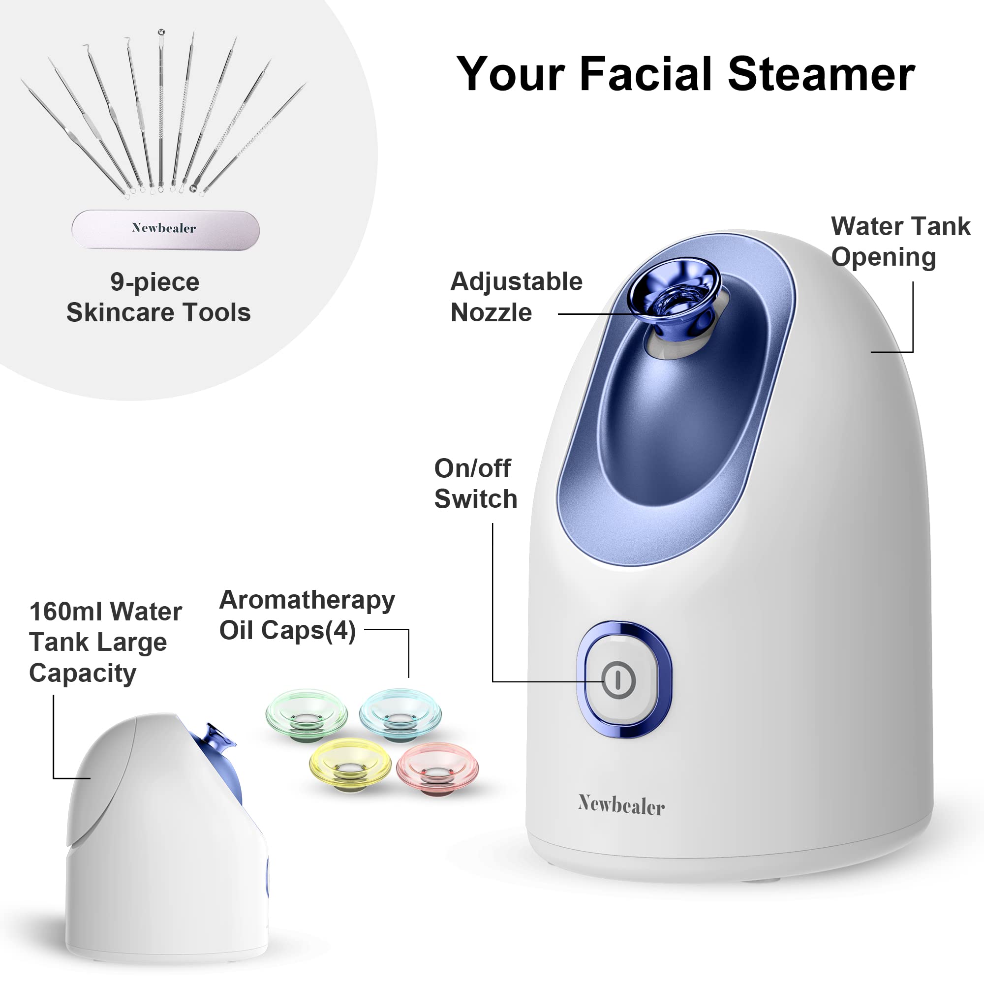 Newbealer Facial Steamer, Mini Aroma Face Steamer, Nano Ionic Hot Mist Face Humidifier for Facial Deep Cleaning, Home Sauna Spa