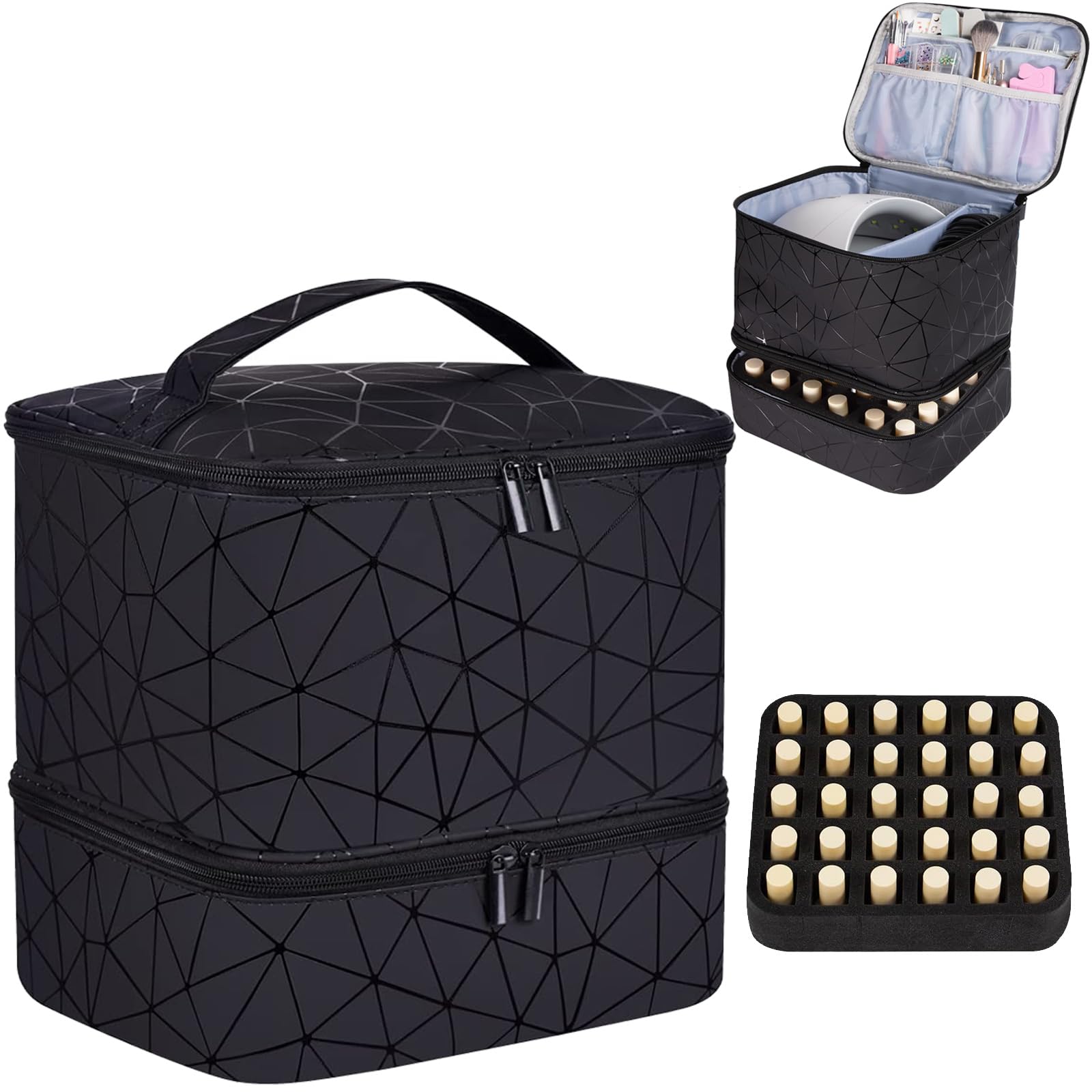 CTWWFS PU Leather Nail Polish Organizer and Nail Lamp Case, Nail Kit Organizer Holds 30+ Bottles (15ml - 0.5 fl.oz) and a Nail L