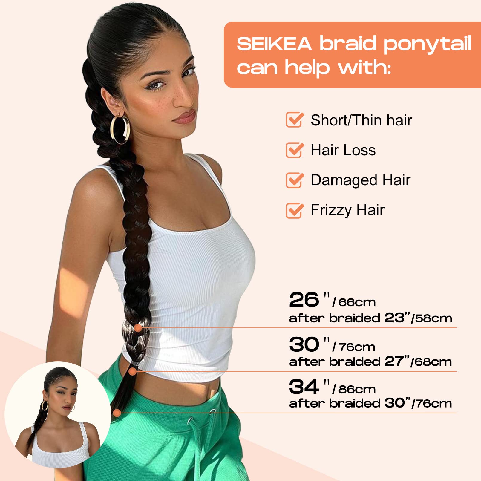 SEIKEA Long Braided Ponytail Extension with Hair Tie Straight Wrap Around Hair Extensions Ponytail Natural Soft Synthetic Hair P