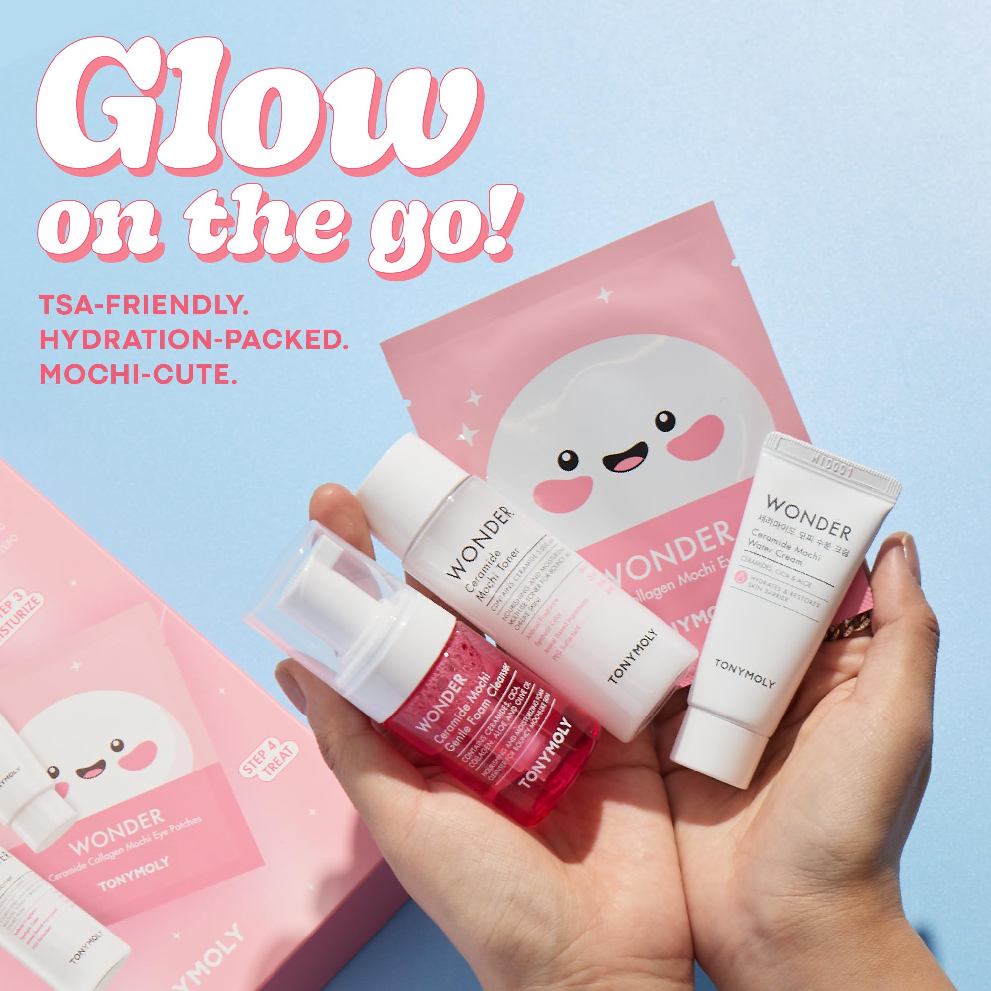 TONYMOLY Wonder Ceramide Mochi Essentials Kit - 4-Piece Set with Ceramide Toner, Cream, Cleanser & Eye Patches - Hydrating, Barr