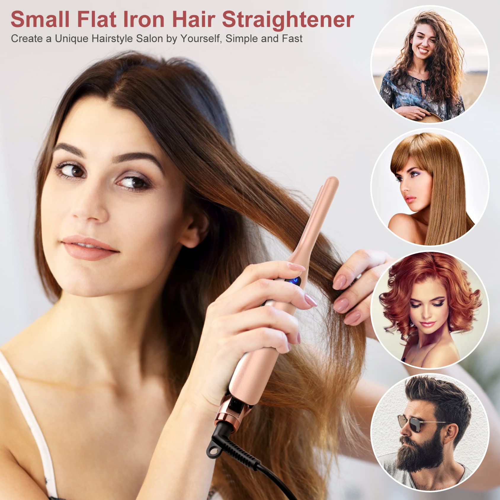 Pencil Flat Iron for Short Hair, Pro Straightener and Curler 2 in 1 Ceramic Mini Small Flat Iron for Short Hair, Beards & Pixies