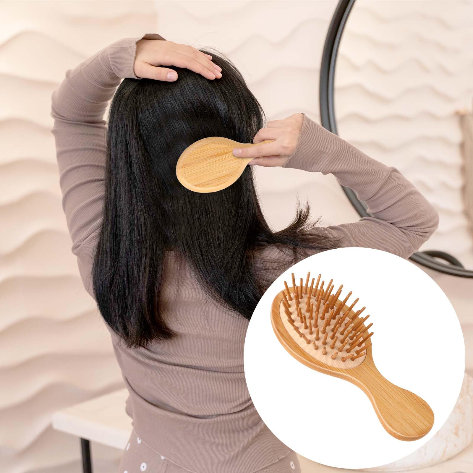 Mozeat Lens Mini Bamboo Detangling Hair Brush - Portable Wooden Comb for All Hair Types - Anti-Static, 5.5 Inch, Brown