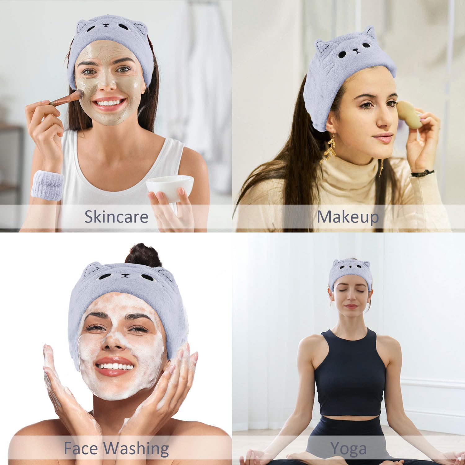 Atoden Cat Ears Spa Wristband Set - Cute Animal Makeup Headband & Skincare Headband for Washing Face - Elastic Face Wash Hair Ba