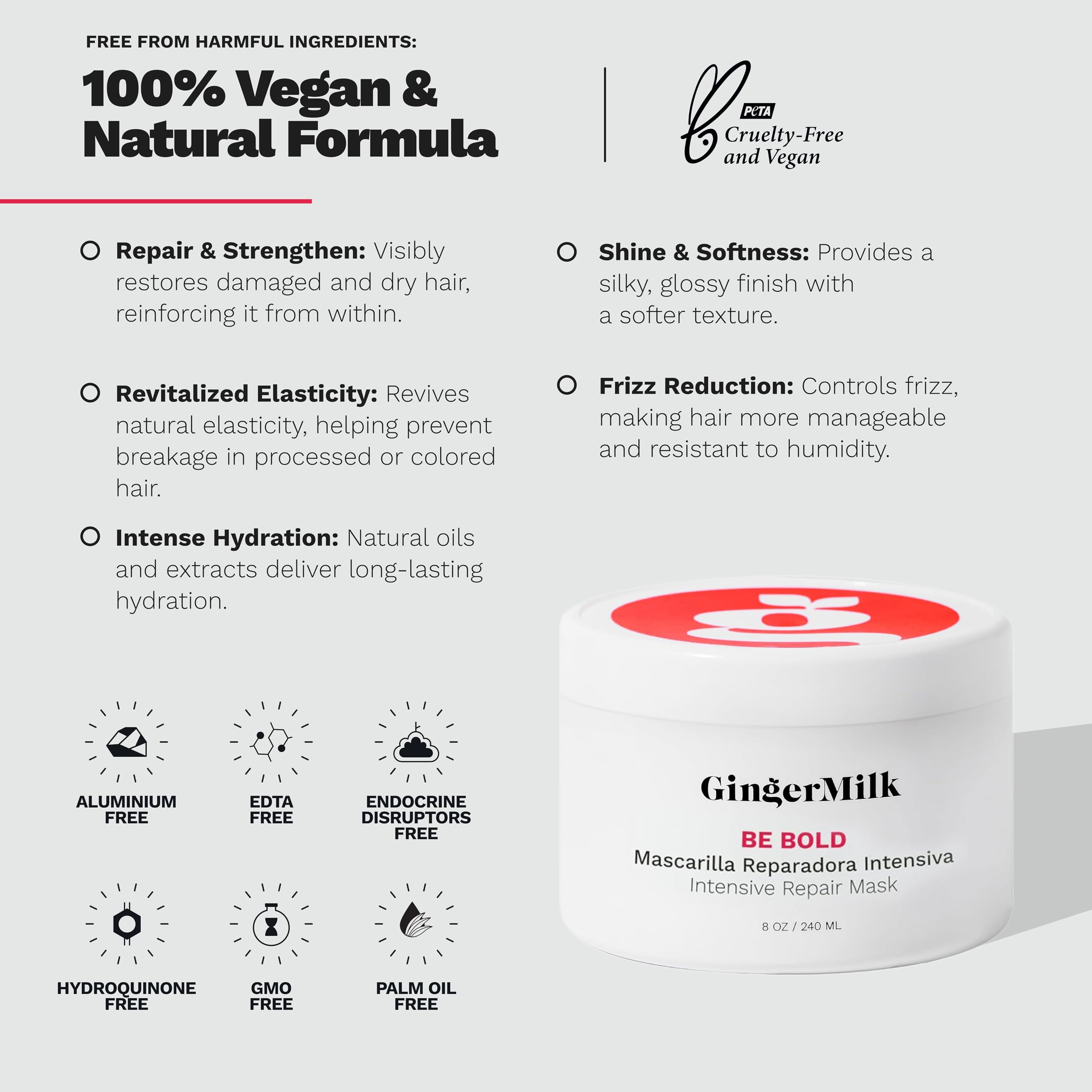 Ginger Milk Natural Care Intensive Repair Hair Mask for Dry/Damaged Hair due to Coloring, Chemical Processes, hot styling tools