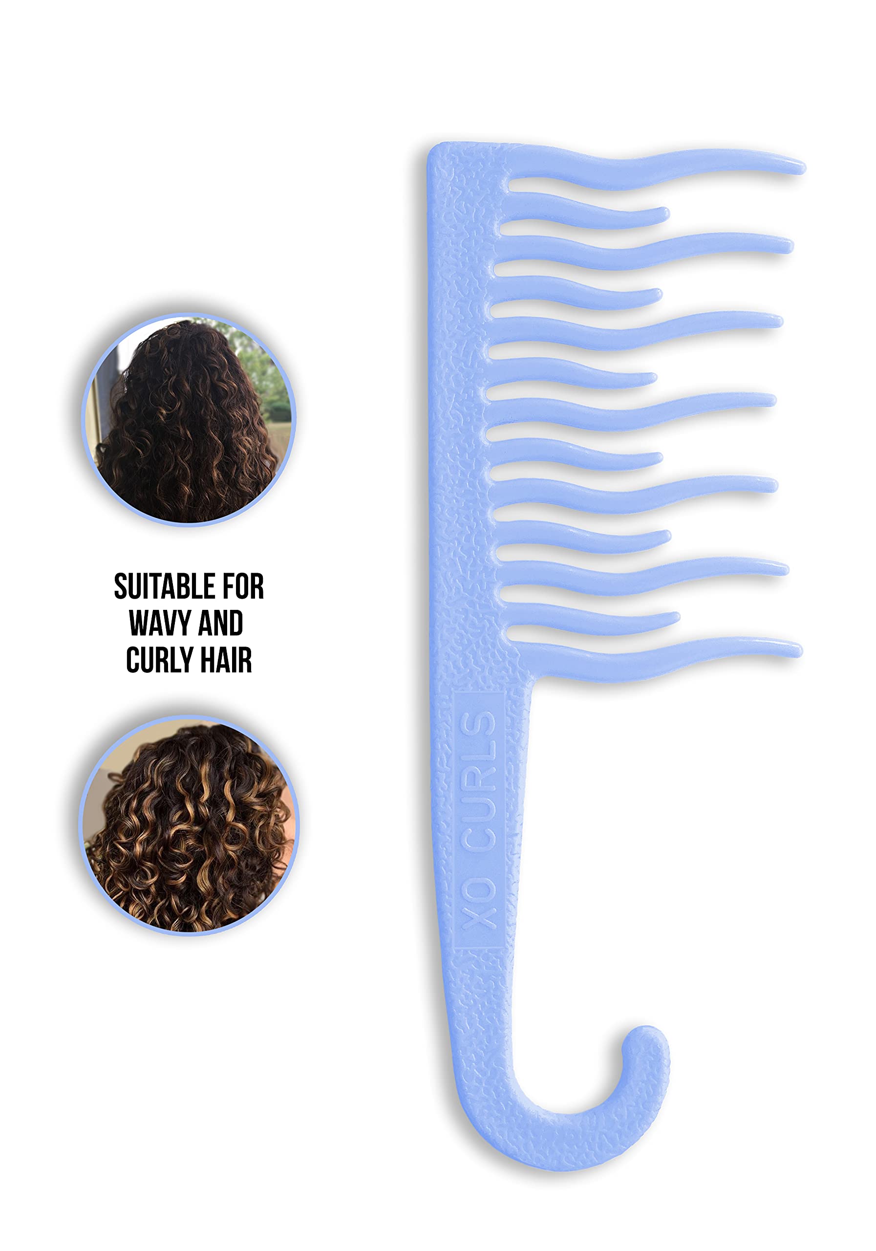 Xo Curls Shower Plastic Detangling Hair Comb For Women - Blue | Plastic | Comb With Hook | Easy Hanging In Shower | Gentle On Sc