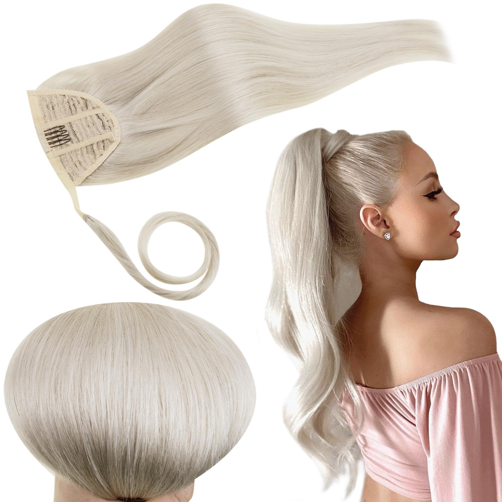 RUNATURE Blonde Ponytail Extensions Human Hair 14 Inch Straight Ponytail Human Hair Extensions with Magic Paste Ice Blonde Clip 