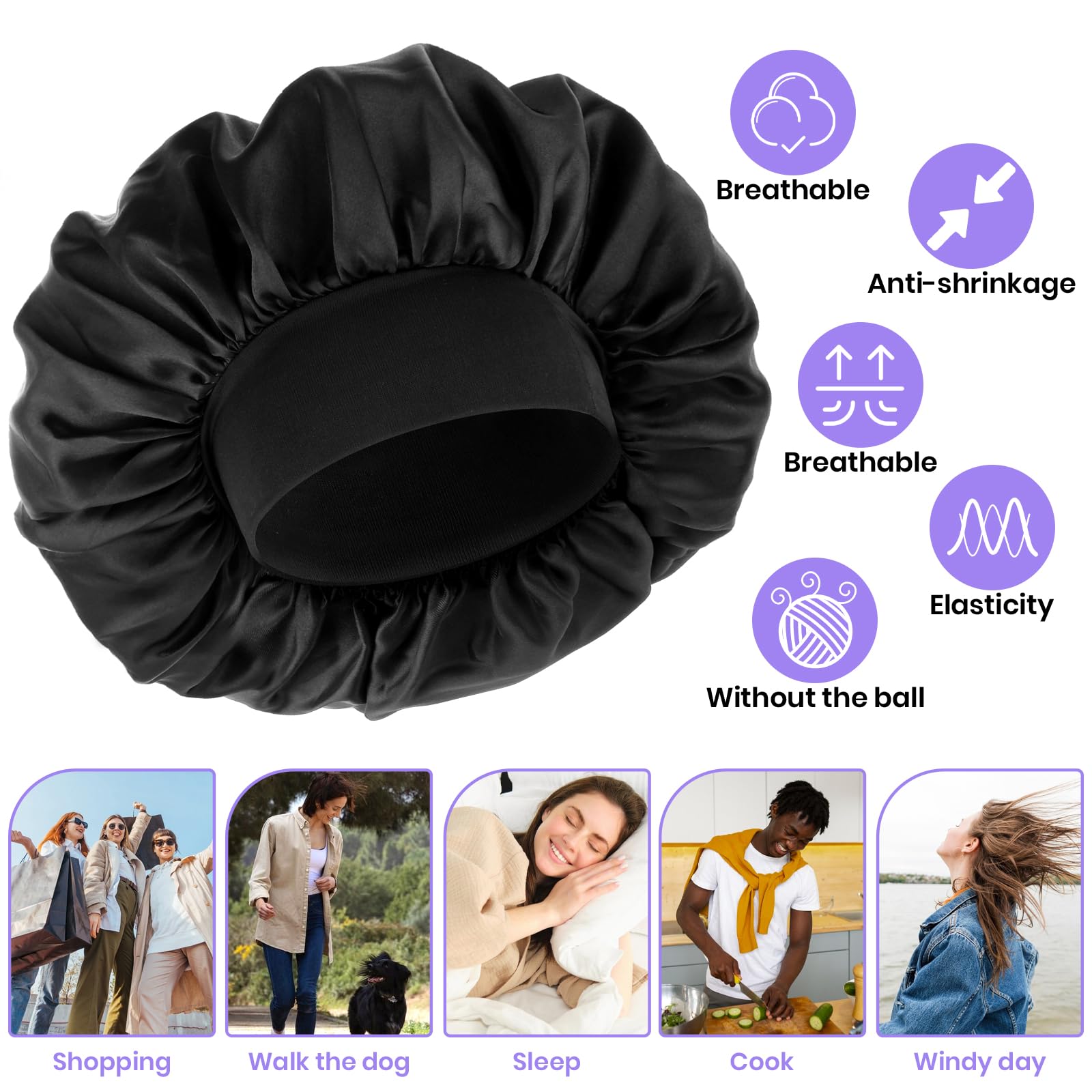 Wllhyf Silk Bonnet For Men, Satin Bonnet Double Layer Elastic Band Silk Sleep Cap Black Soft Adjustable Hair Cap Hair Wrap Large