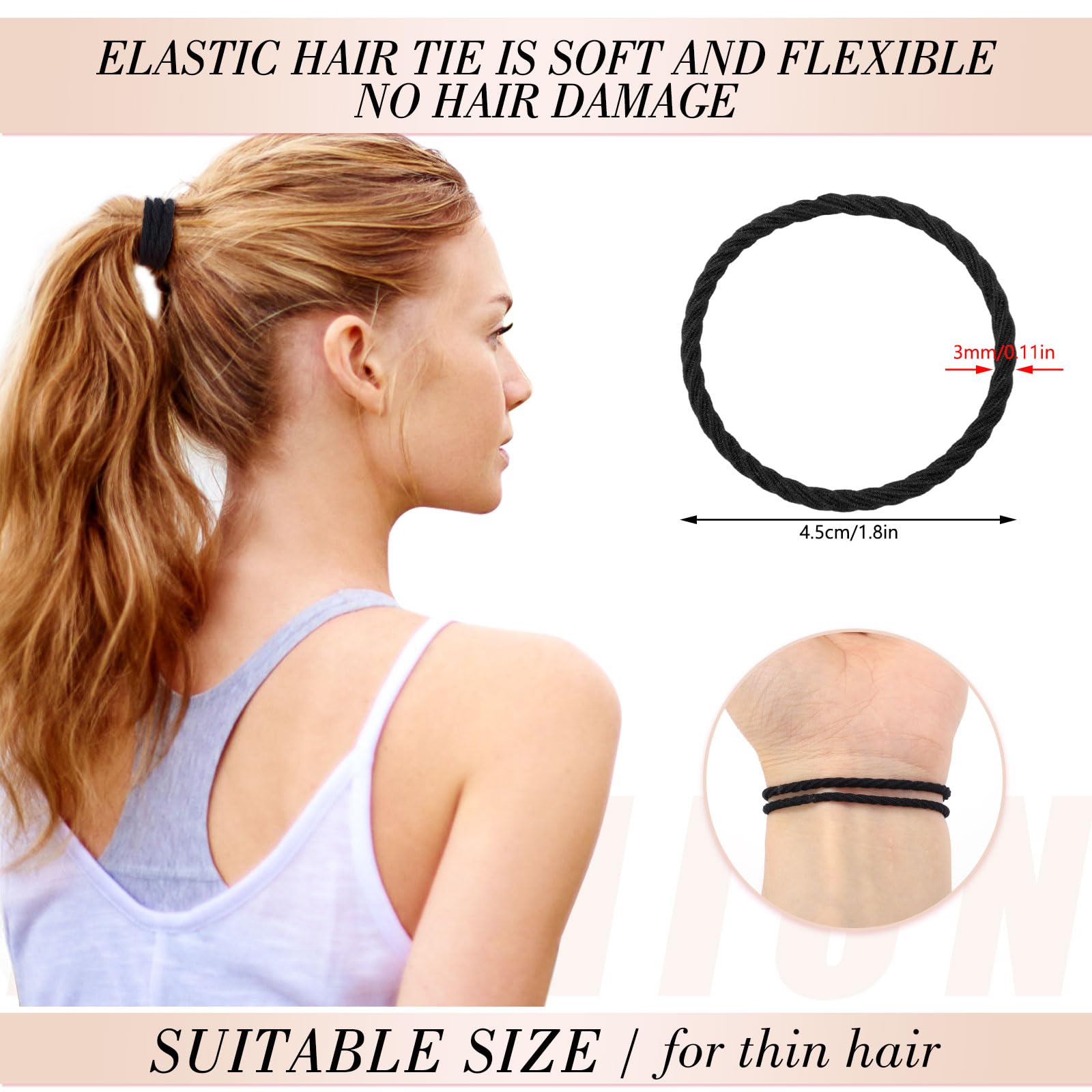 obeoby 200PCS Thin Hair Ties, Elastic Black Hair Accessories for Thin Hair, No Damage Small Ponytail Holders for Women Girls Tod