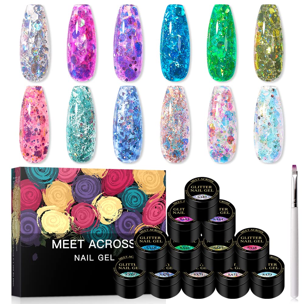MEET ACROSS 9Pcs Glitter Gel Nail Polish Set Petal Gel Polish Kit with 1Pc Nail Brush, Soak Off Nail Art Design Salon at Home DI
