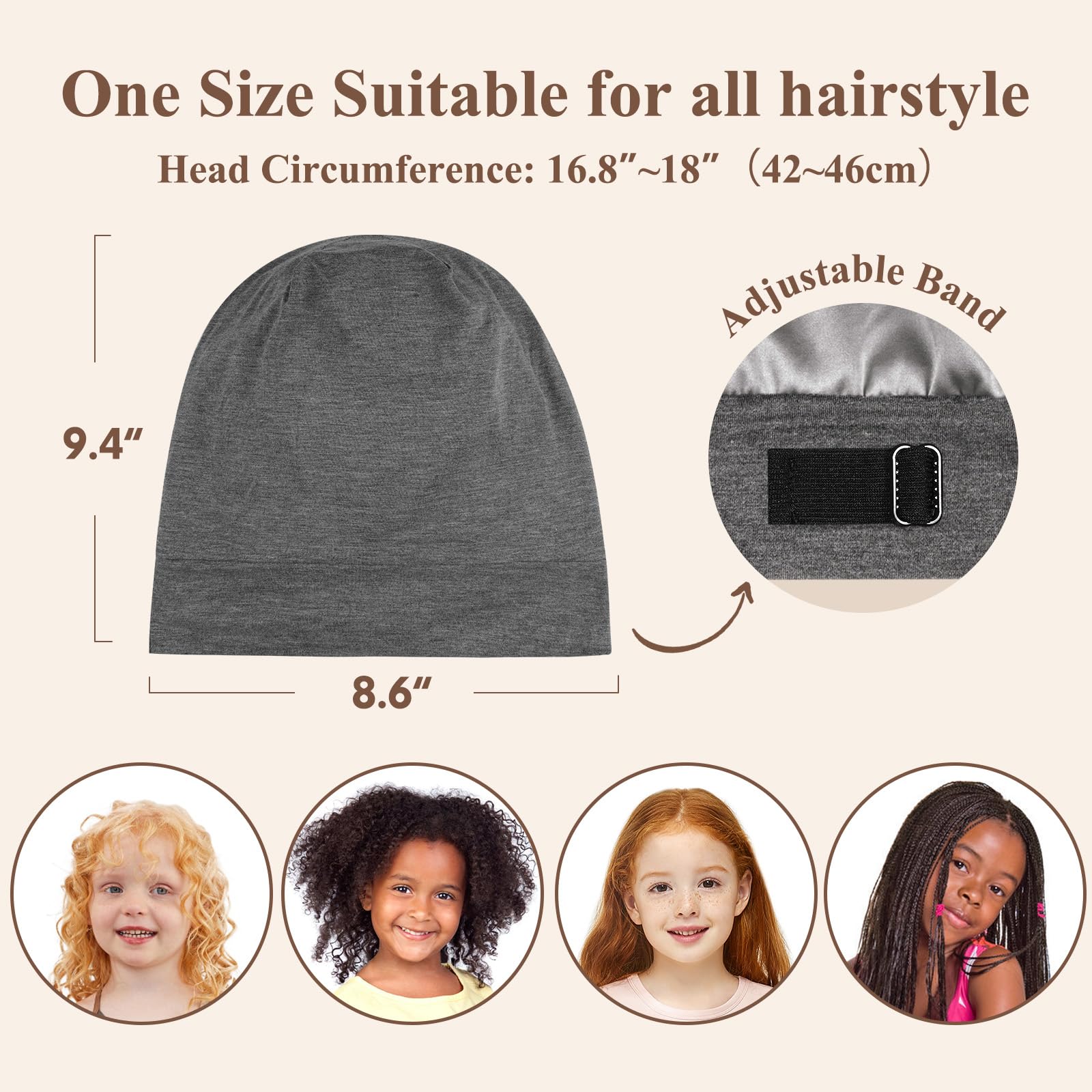 Olesilk Silk Bonnet For Kids Girls 2-6 Years, Adjustable Strap, Smooth For No Frizzy Hair, Breathable All Night Slleping Dark Gr