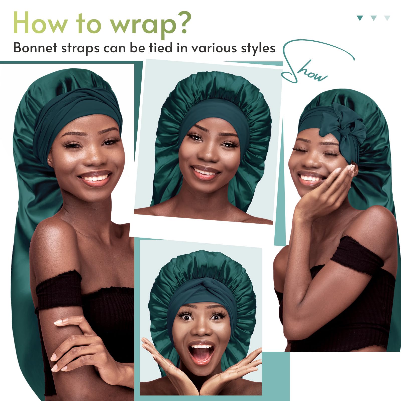 BONNET QUEEN Bonnet for Braids Silk Bonnet Extra Long Satin Bonnet for Sleeping Hair Bonnet for Locs with Tie Band Darkish Green