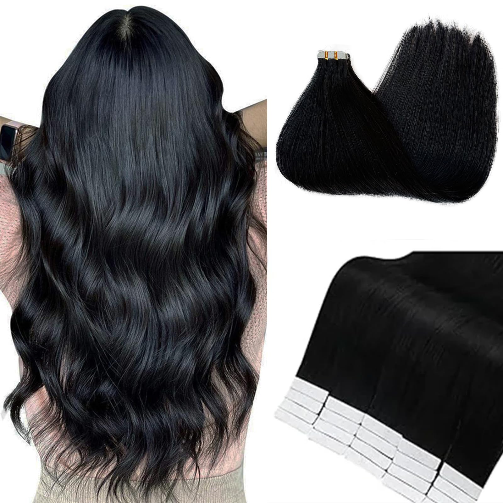 Munx Black Tape In Hair Extensions 14Inch 20Pcs 30G/Pack Black Straight Seamless Skin Weft Tape In Human Hair Extensions