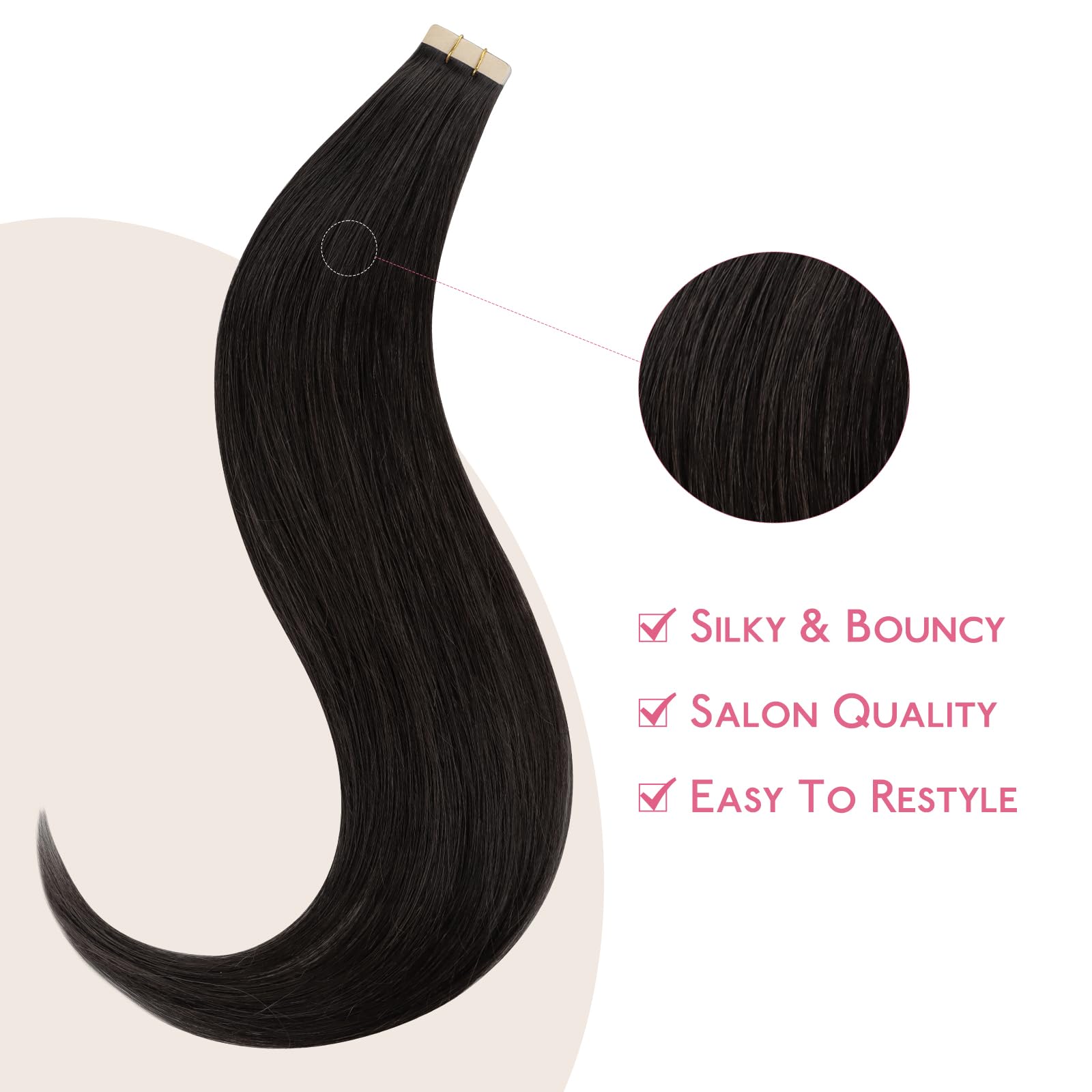 Wennalife Tape In Hair Extensions Human Hair Natural Black Tape In Extensions, 10Pcs 30G 20 Inch Remy Invisible Tape Ins Straigh