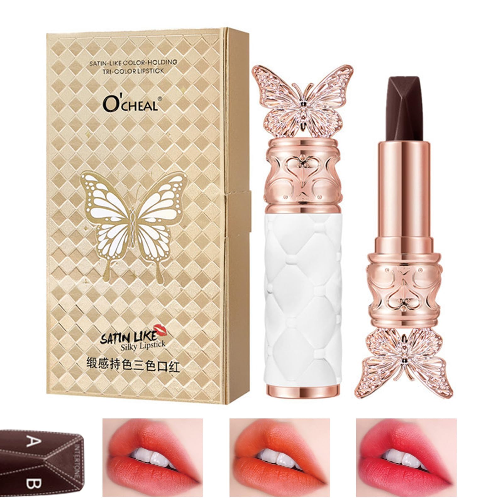 Domality 3 Colors In 1 Lipstick, Glossy Silky Feeling Lip Colors, High Pigmented, Exquisite Butterfly Appearance, Long Lasting M