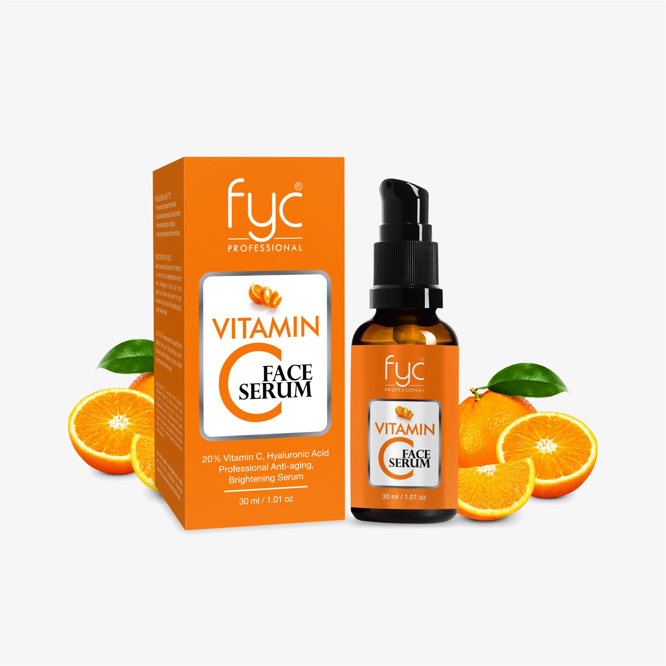 Fyc Professional Vitamin C, Hyaluronic Acid Face Serum, AntiAging, All Skin Types, Dark Spots, Brightening & Moisturising, 30Ml