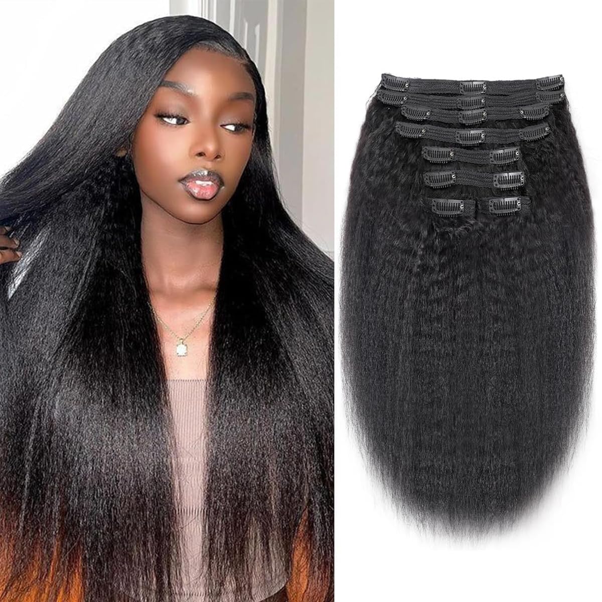 26Inch Clip in Hair Extensions Real Human Hair Kinky Straight Brazilian Human Hair Clip in Extensions 8Pcs Remy Hair Clip ins fo