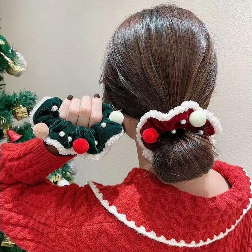Christmas Scrunchies Xmas Hair Ties for Women Red Hair Accessories Fuzz Ball Design Green Hair Scrunchies Elastics Hair Bands Pa