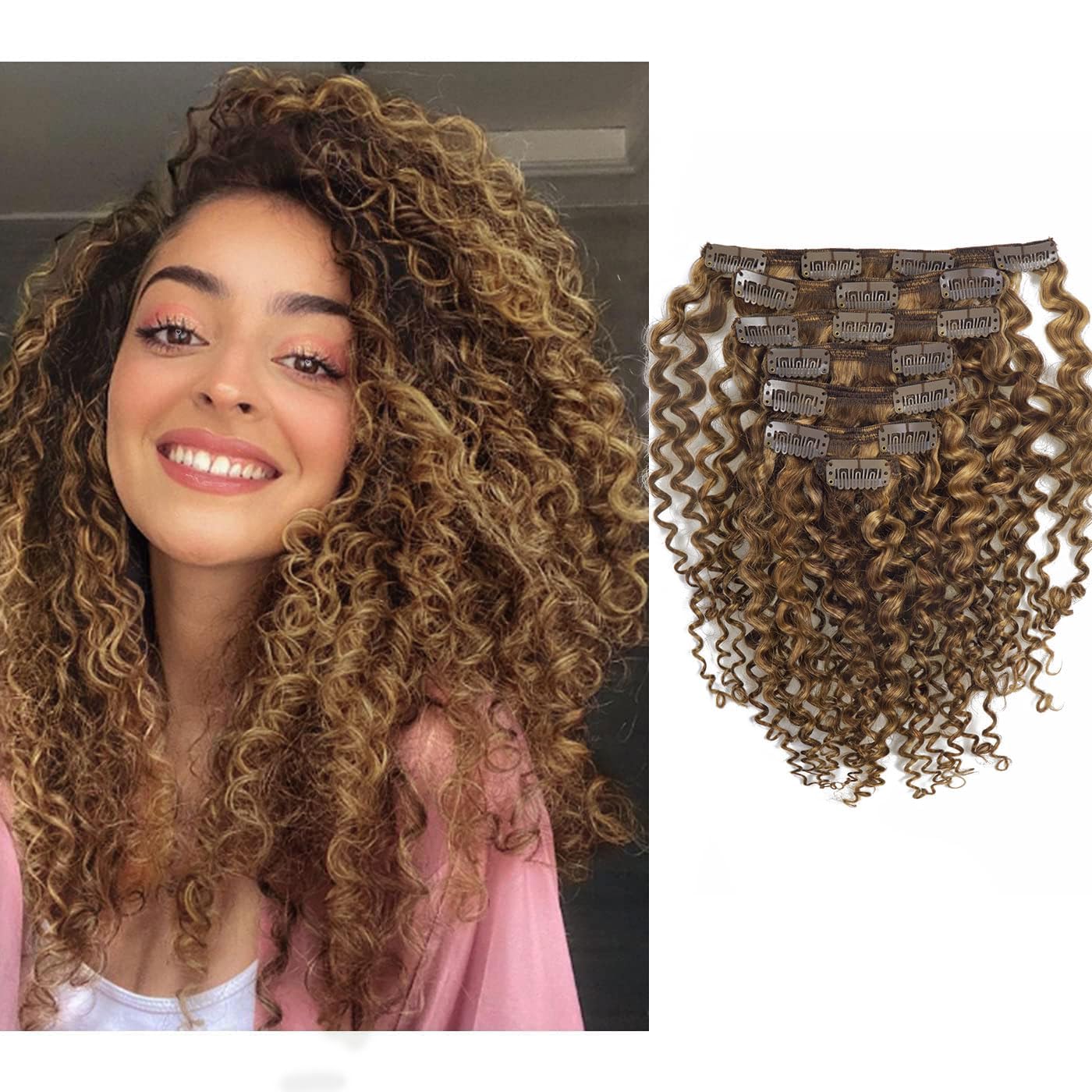 Loxxy Clip in Human Hair Extensions #P4/27 16inch Afro Jerry Curly 3B and 3C Real Hair Clip in Extensions 8A Grade Double Weft 7