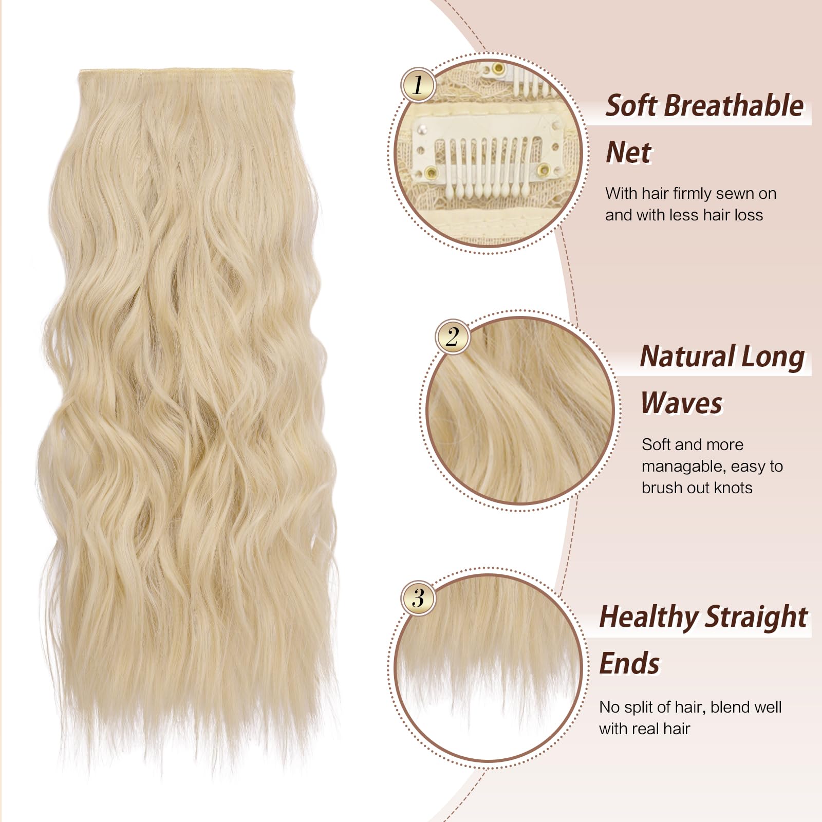 FESHFEN Clip in Hair Extensions 4 PCS Platinum Blonde Thick Highlighted Hairpieces Long Wavy Clip in Hair Piece Full Head Synthe