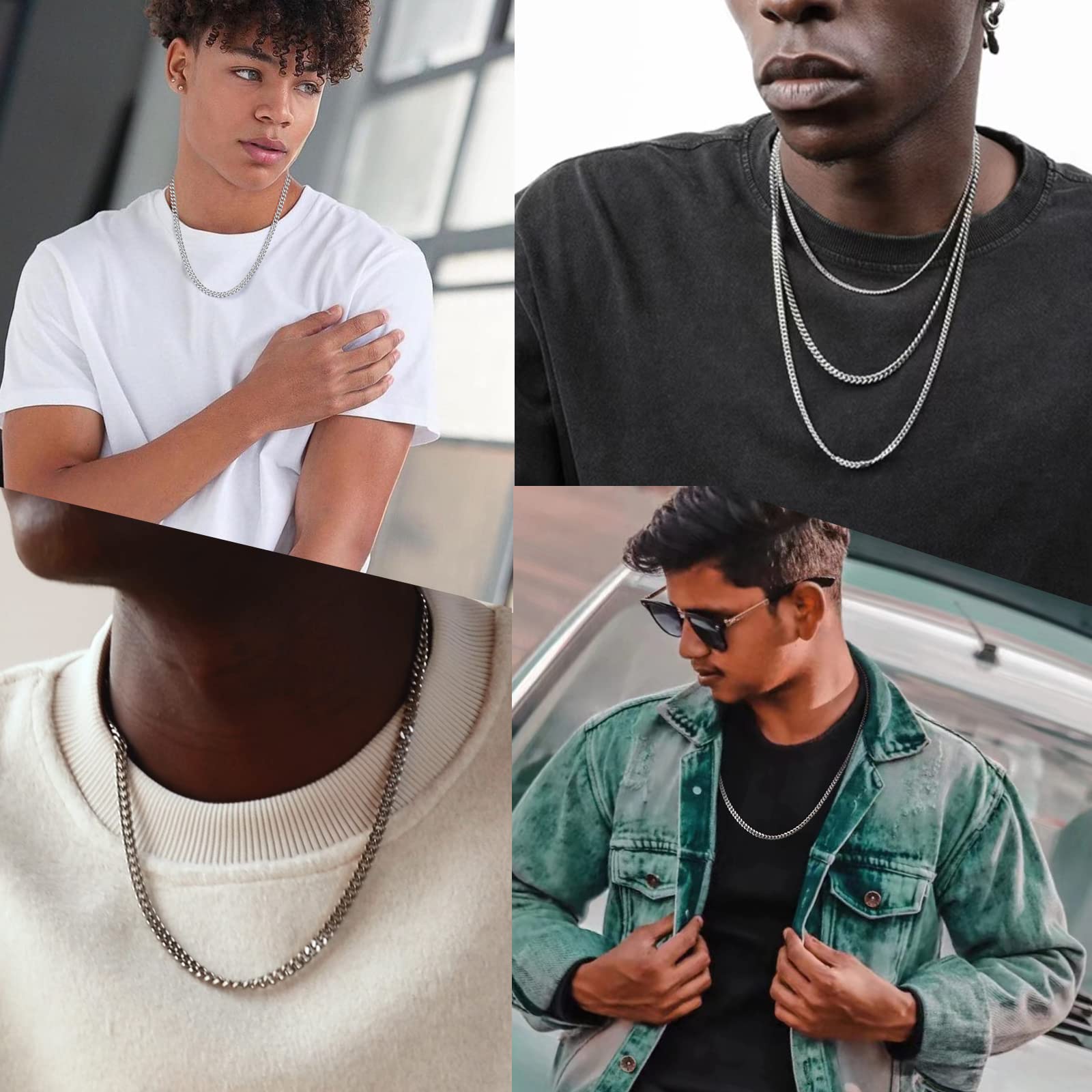 Reoxvo Silver Long Chain for Men, Silver Necklaces Mens Stainless Steel Cuban Link Chain Necklace for Men 5 mm Neck Chains Penda