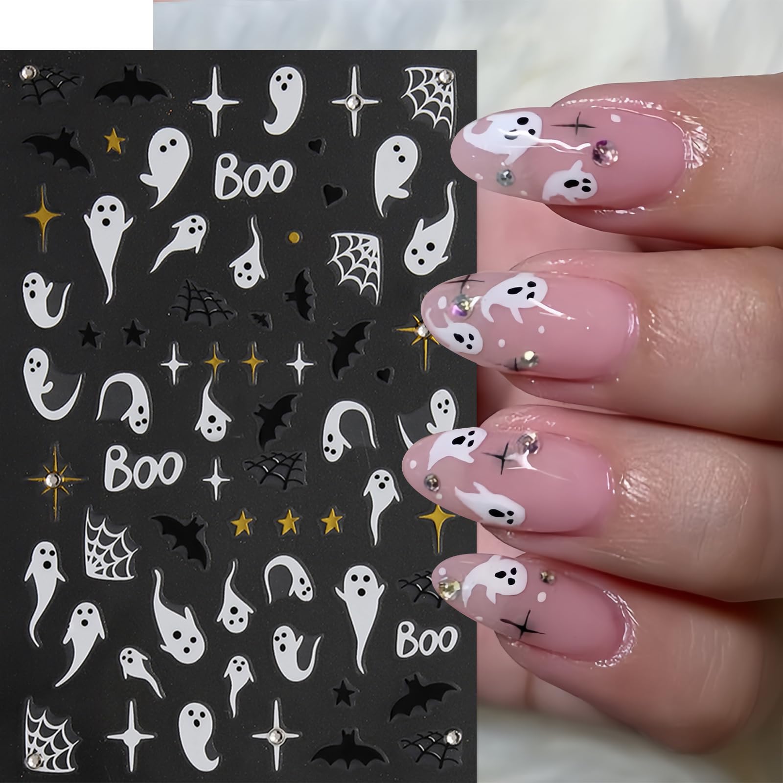 6Pcs Halloween Nail Stickers 3D Self-Adhesive Pink White Ghost Nail Decals Funny Spider Web Nail Art Stickers With Rhinestones N