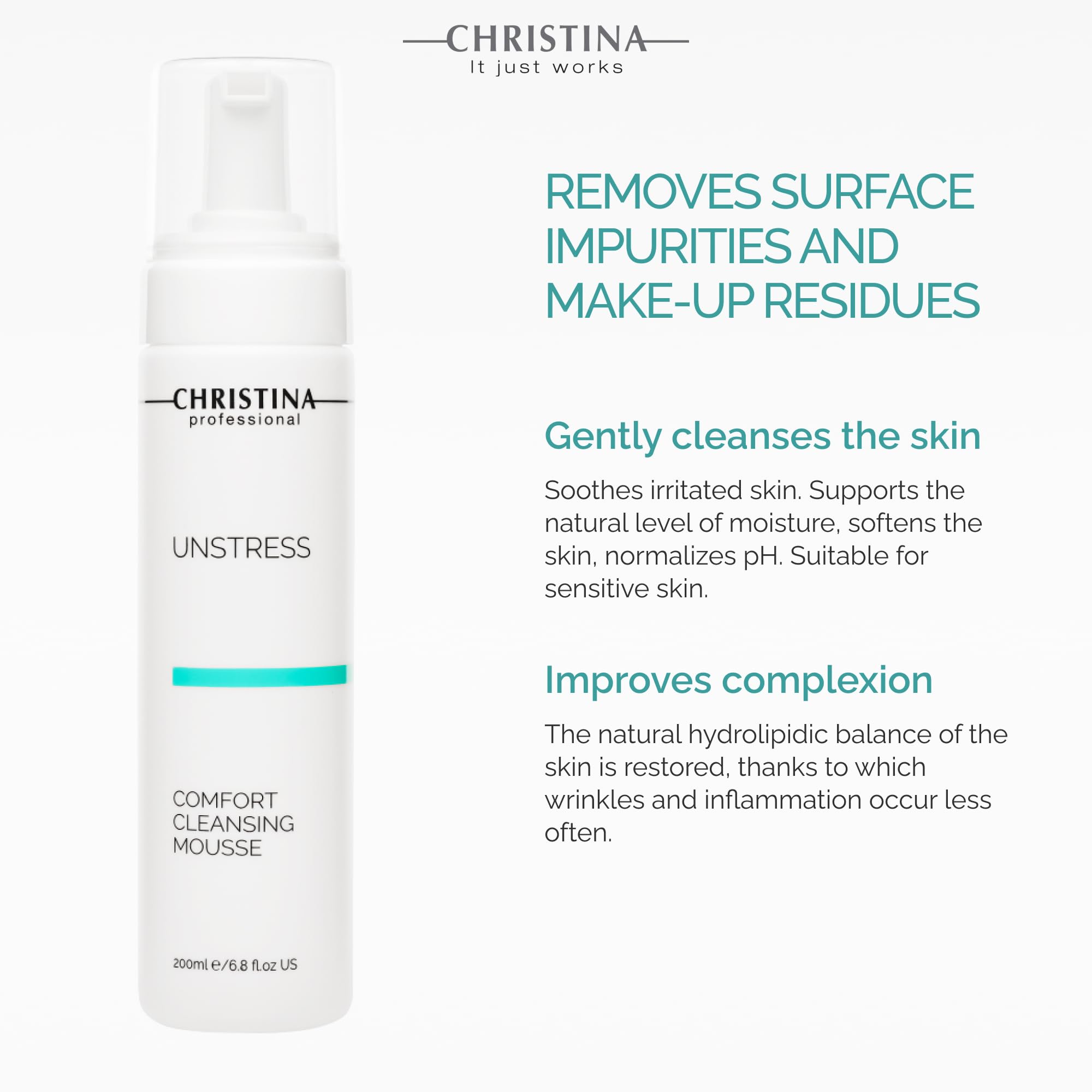 -CHRISTINA- Unstress Comfort Cleansing Mousse | Cleanser for Face with Gentle Formula with Green Tea Extract & Vitamin B5 | Suit