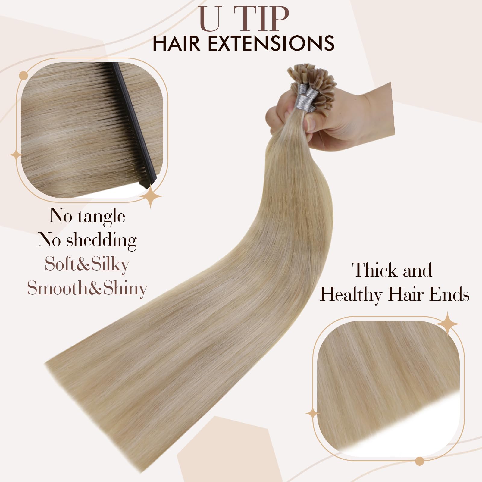 Hetto U Tip Hair Extensions Human Hair #18/613 Dark Ash Blonde Mixed Bleach Blonde K Tip Hair Extensions Real Human Hair Invisib