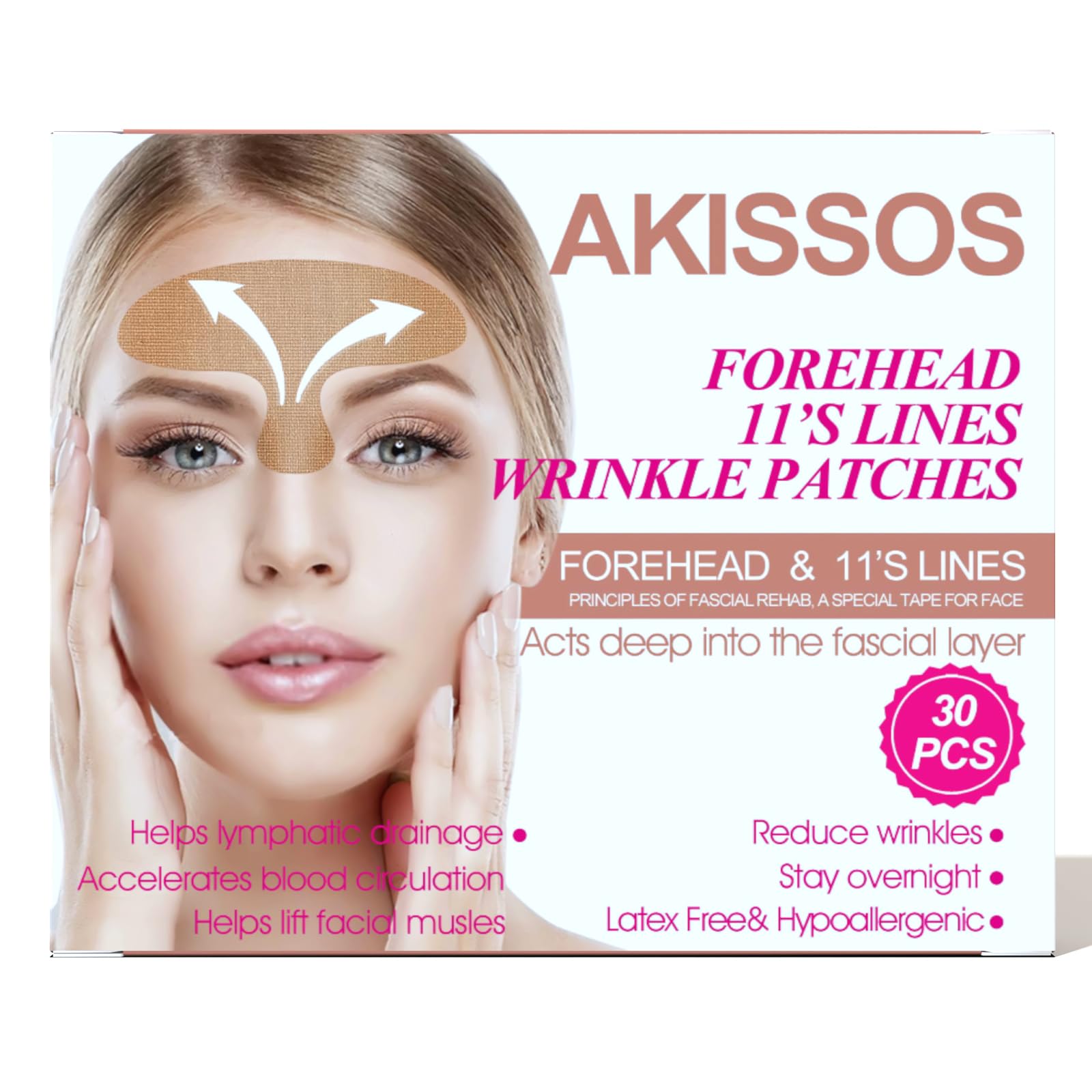 Akissos Wrinkle Patches Face Tape 30 Pcs Forehead Wrinkle Patches For Face Overnight, Kinesiology Tape For Face, Forehead Wrinkl