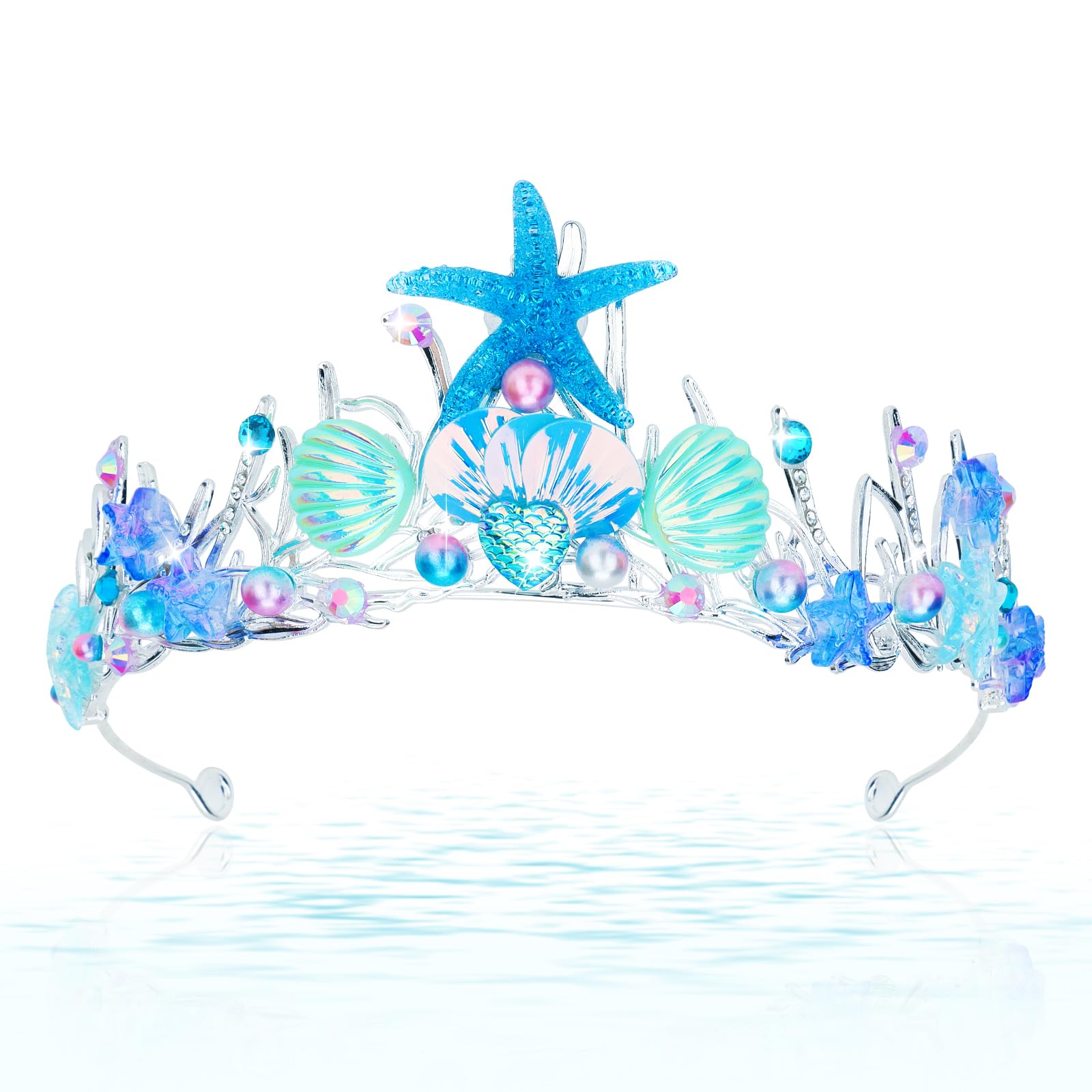 CIEHER Mermaid Crown for Women Girls Mermaid Princess Blue Starfish Tiara Seashell Crown Mermaid Party Mermaid Birthday Decorati