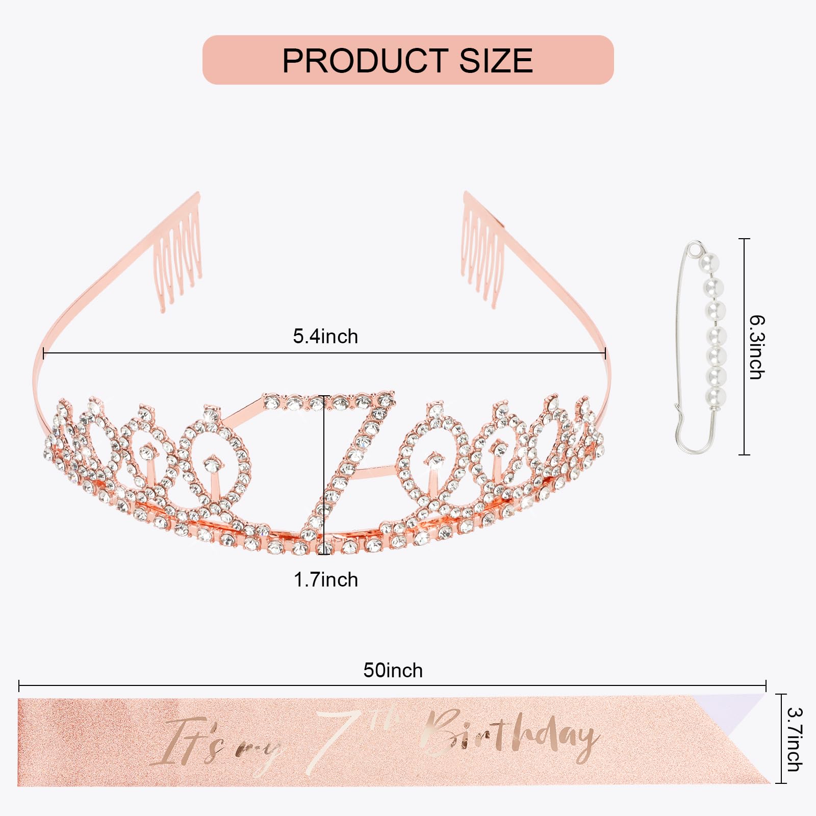 CIEHER 7th Birthday Crown + Sash + Pearl Pin Set, Girls' 7th Birthday Gifts and Happy Party Decorations