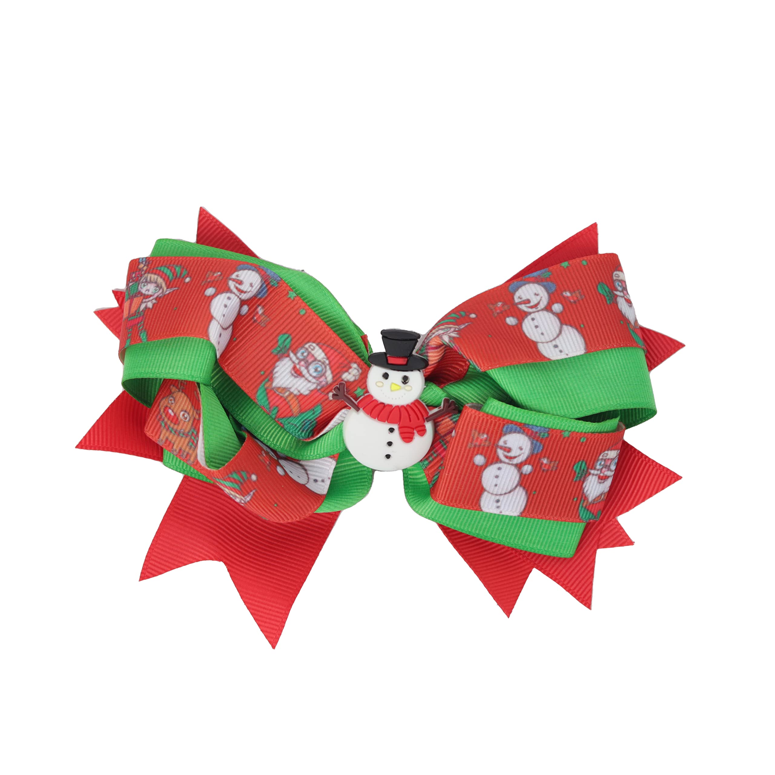 Girls 5.5 inc Wide Hair Bow Layered Christmas Bow with Silicone Charm - Green Snowman
