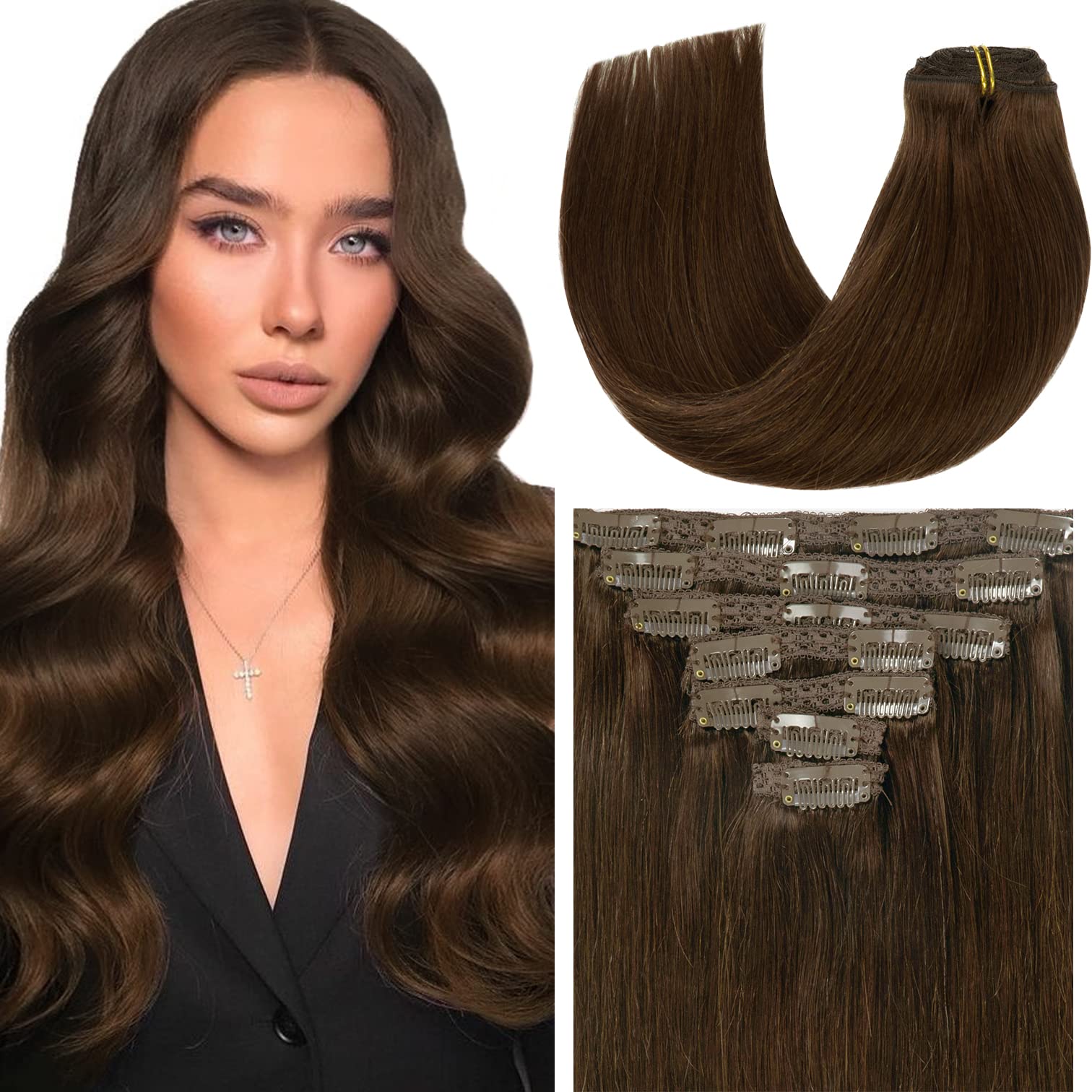 Loxxy Human Hair Extensions Clip in Chocolate Brown Real Human Hair Extensions 120g 7 Pieces Silky Straight Weft Full Head Clip 