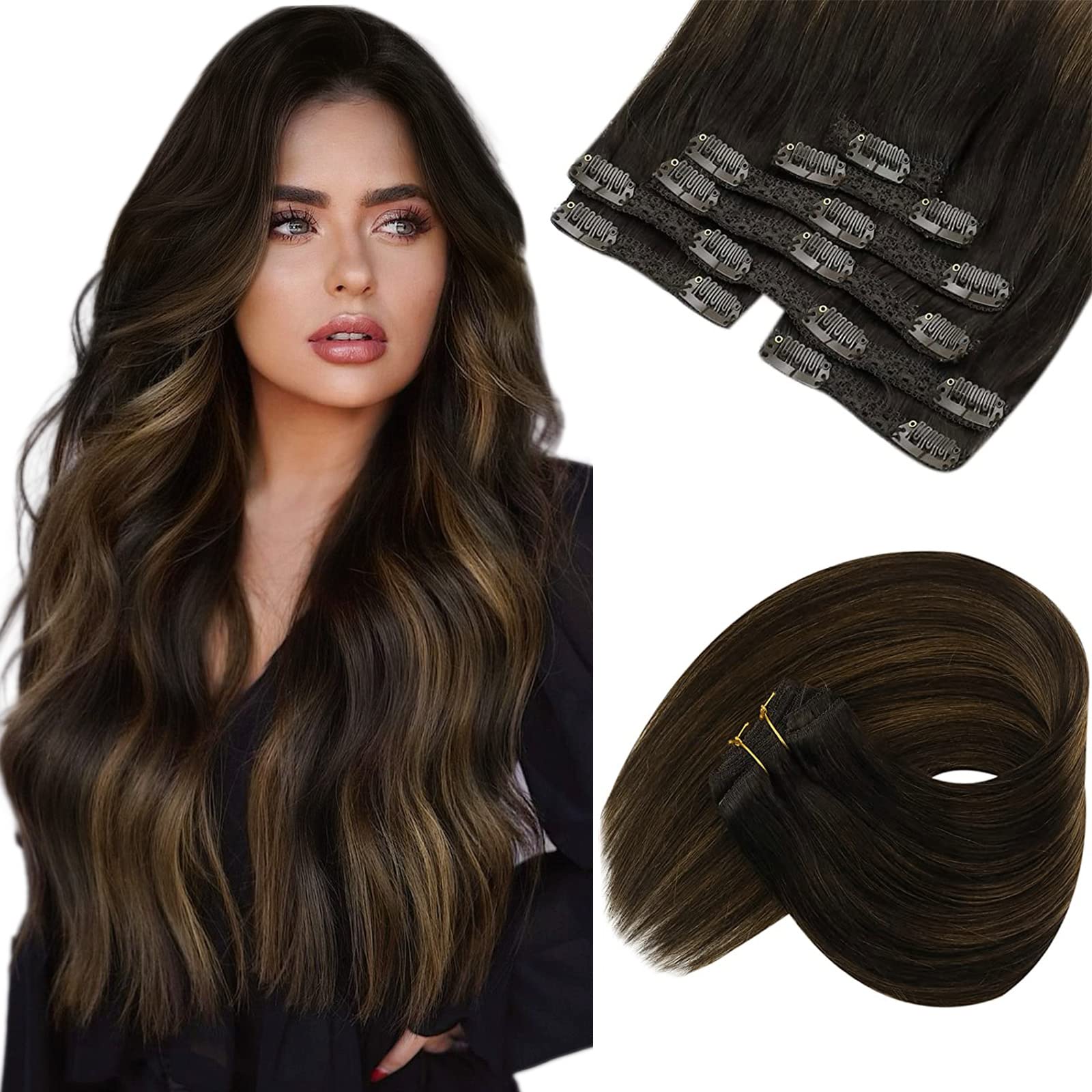 Sunny Clip In Hair Extensions Human Hair Brown Balayage Clip On Extensions Human Hair Dark Brown Ombre Medium Brown Balayage Cli
