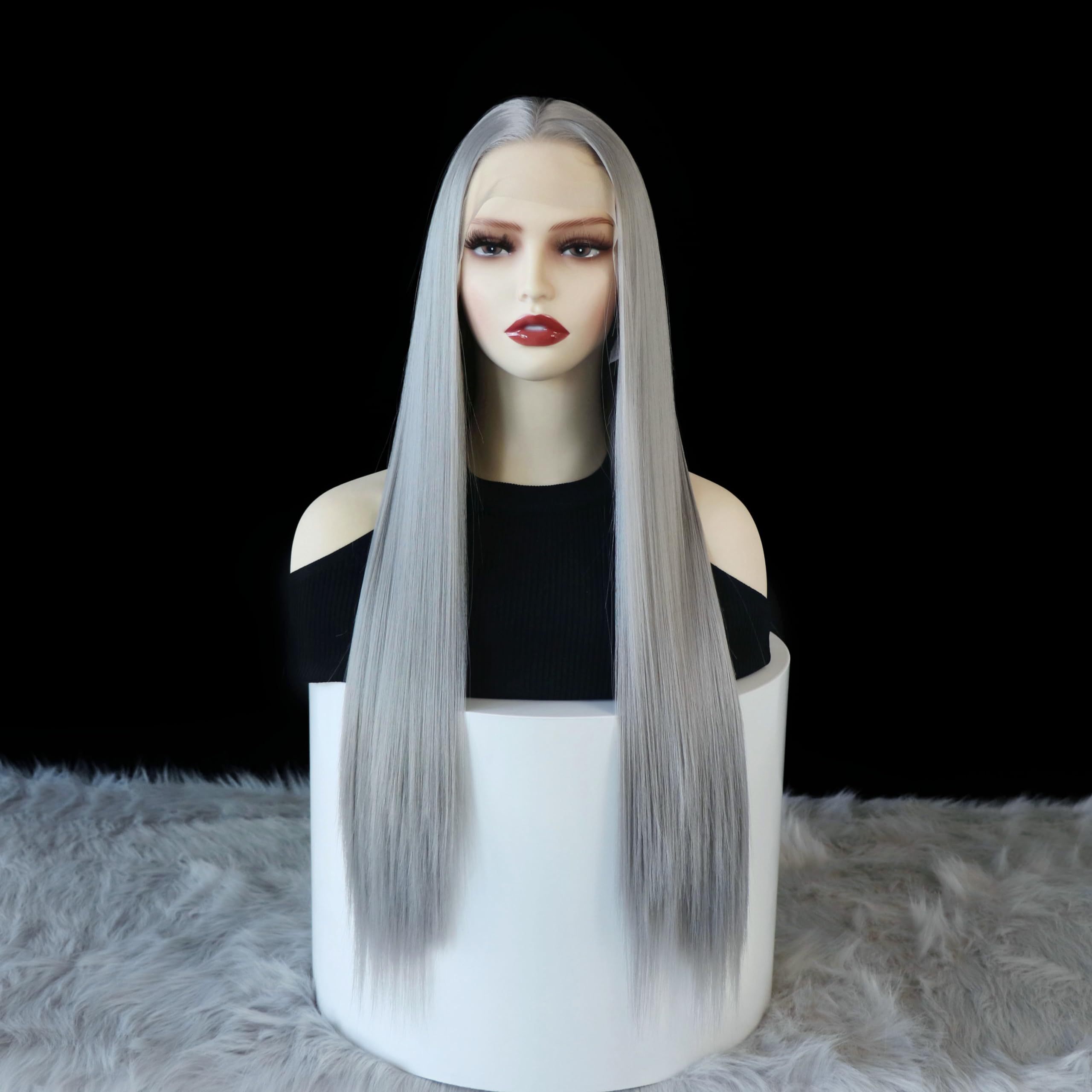 Wxhwcx Grey Synthetic Lace Front Wig Straight Free Part Heat Resistant Fiber Hair Glueless Lace Wigs For Women Natural Hairline