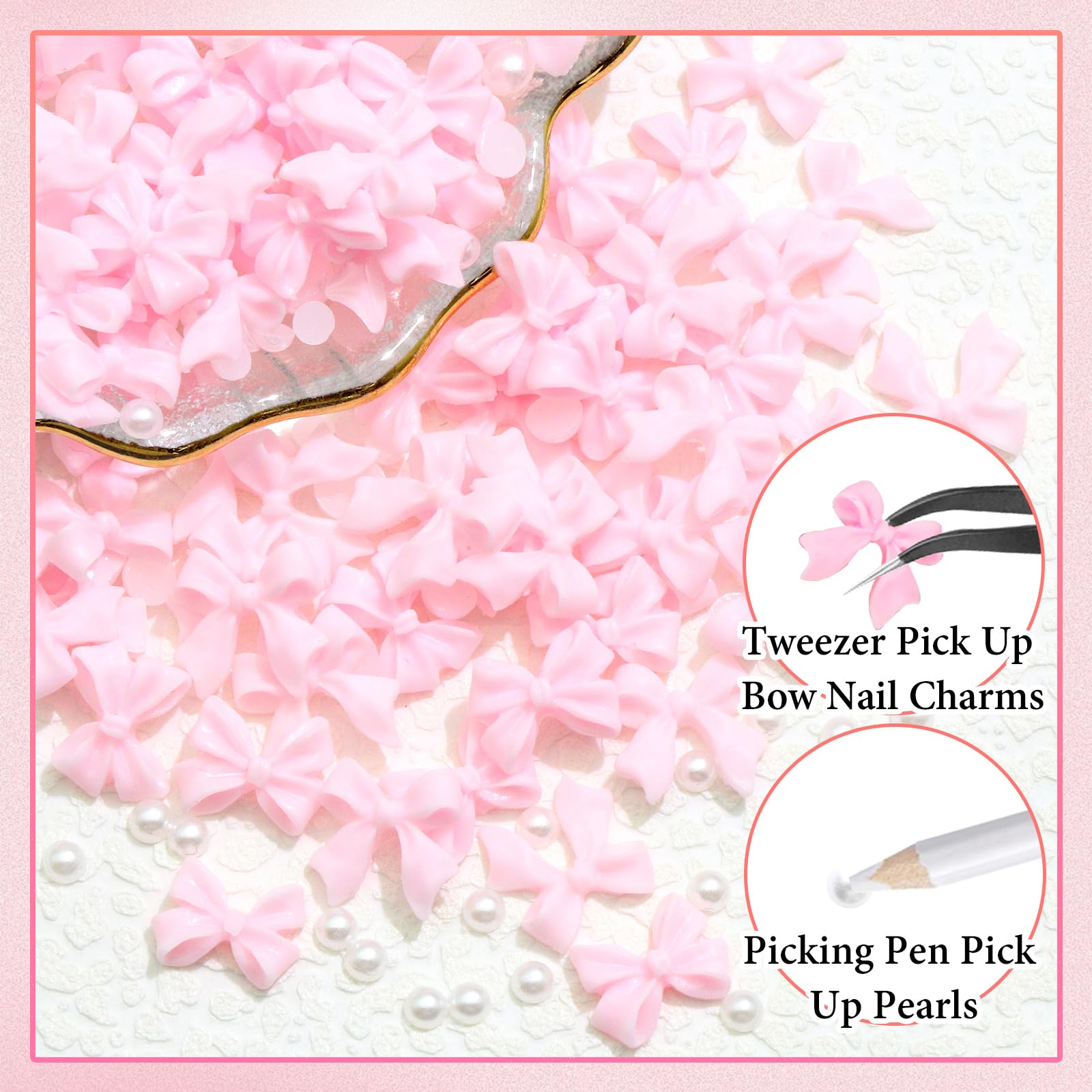 300Pcs Bow Nail Charms And Flatback Pearls,Pink Bowknot 3D Cute Nail Charms For Acrylic Nail Supplies Design,3-5Mm White Half Pe