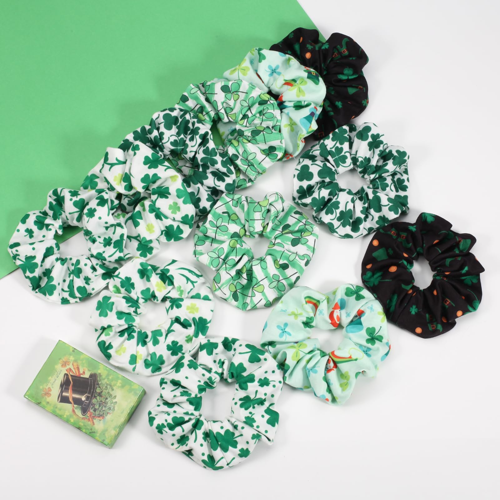 Green Shamrock and Rainbow Elastic Hair Scrunchies - 12PCS Gifts for Women & Teen Girls, St. Patrick 's Day Decor Hair Accessori