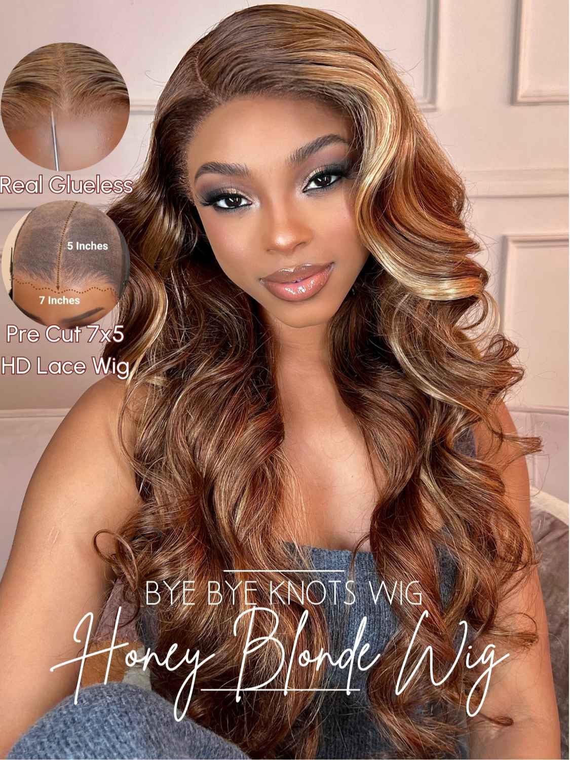 Beauty Forever Bye Bye Knots Glueless Wig Pre Cut 7X5 Honey Blonde Highlight 3D Body Wave Lace Front Wig Human Hair Hd Lace Clos