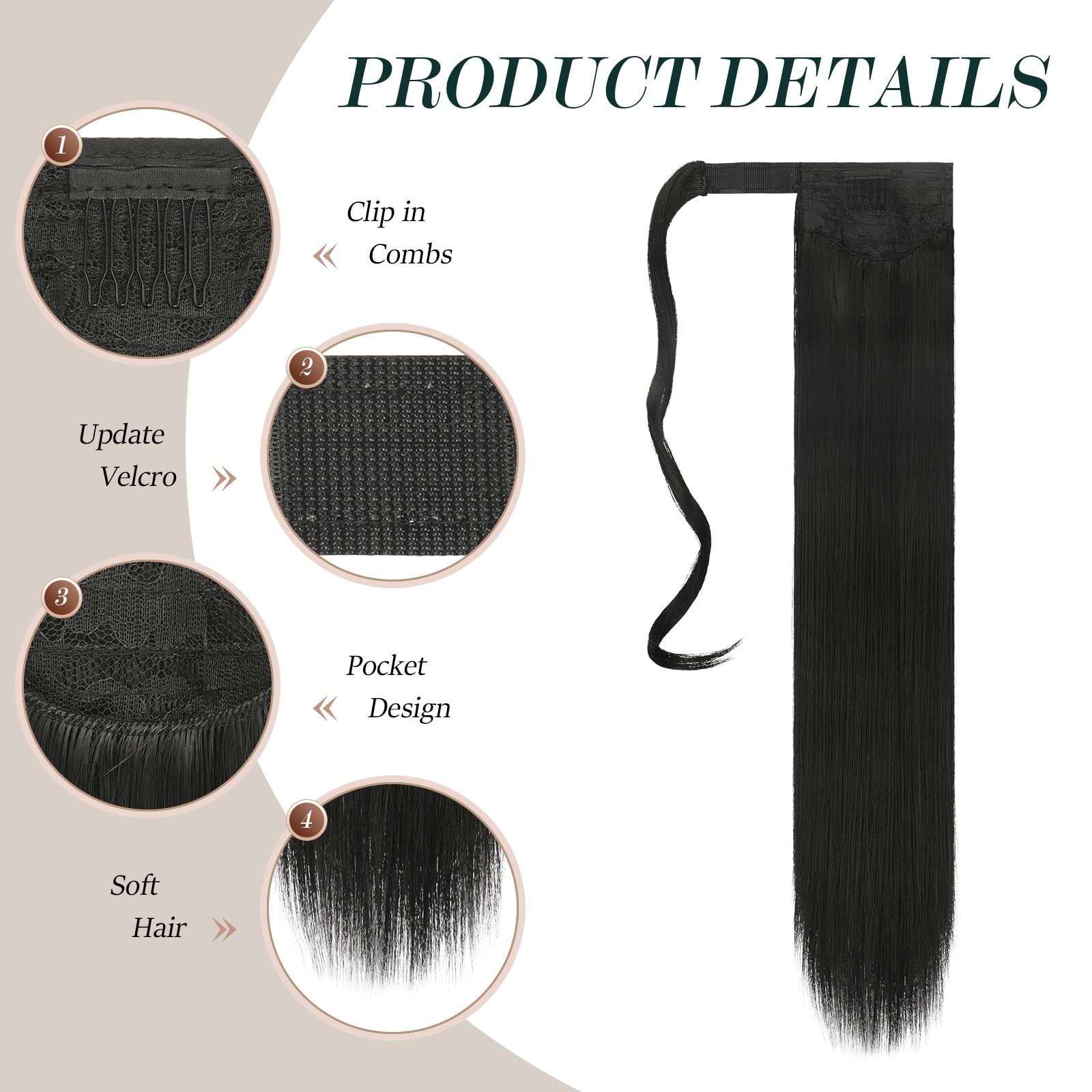 Feshfen Straight Long Ponytail Extensions 24 Inch Black Wrap Around Synthetic Ponytails Hair Piece Pony Tail Hair Extensions Hai