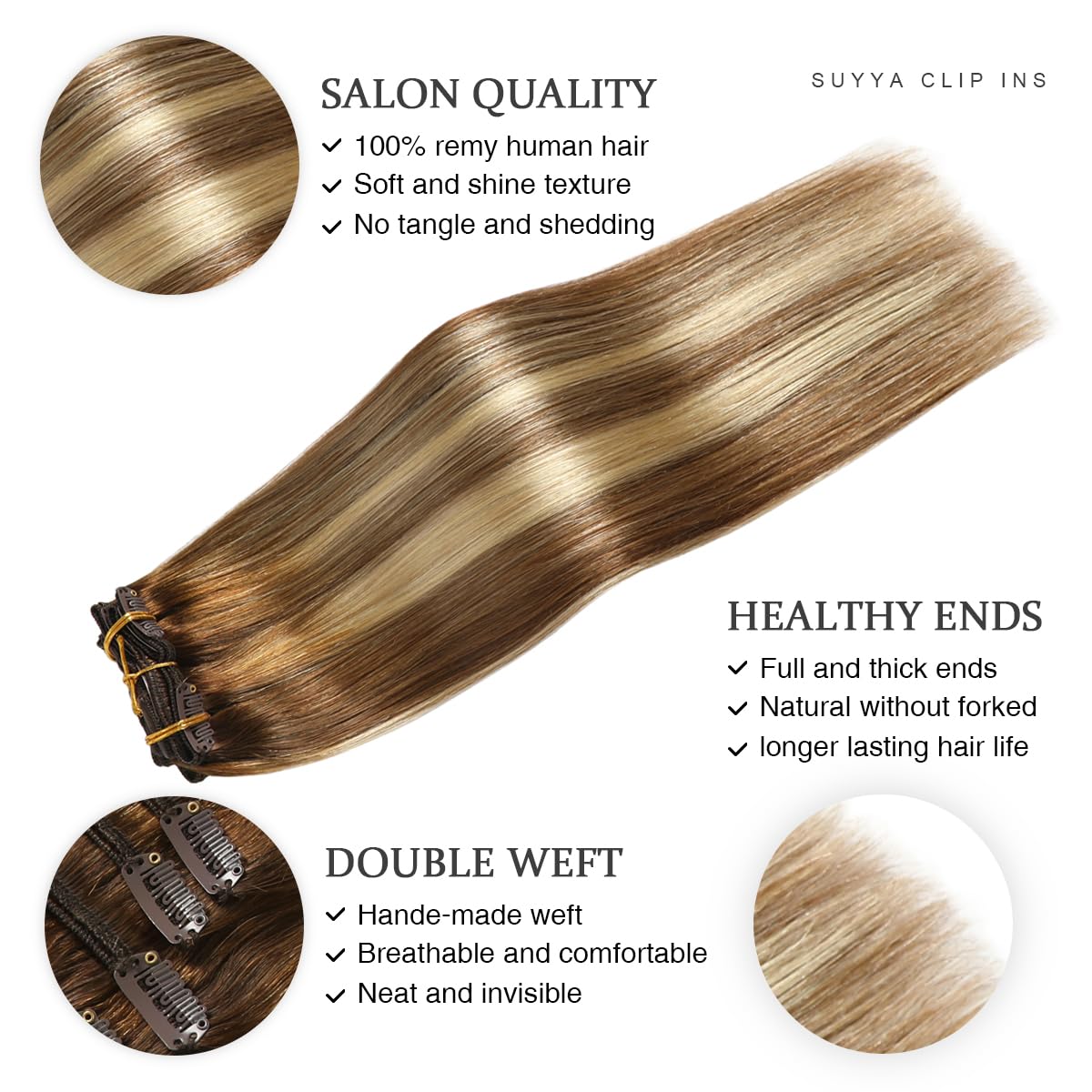 Suyya Clip In Hair Extensions Real Human Hair 120G 7Pcs Hair Extensions Real Human Hair Clip Ins Silky Straight Double Weft Bala