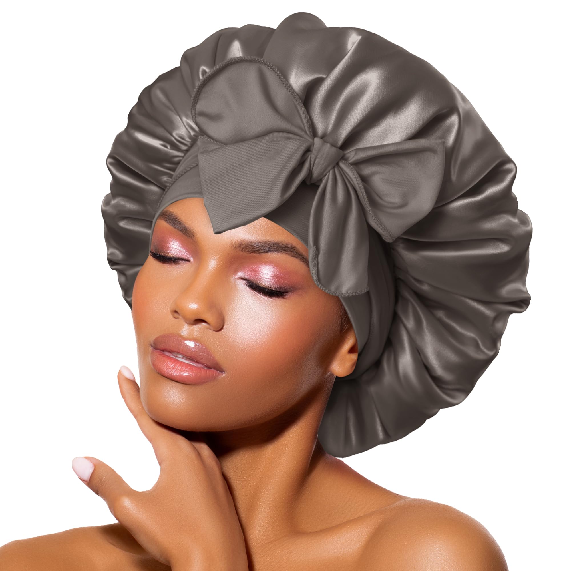 BONNET QUEEN Satin Bonnet Silk Bonnet for Sleeping Women Hair Bonnet Night Sleep Cap Scarf wrap for Curly Hair with tie Band Gra