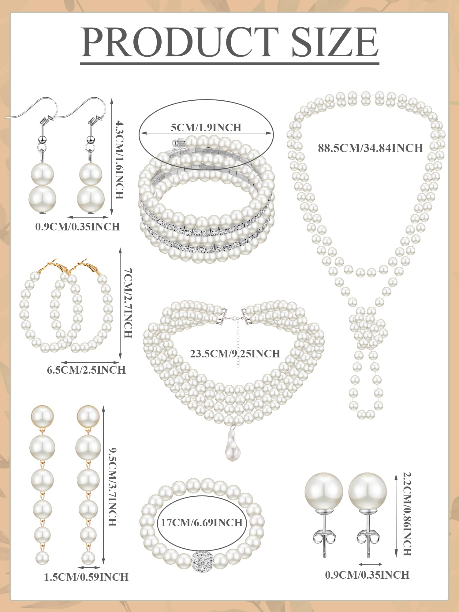 BBTO 8 Pcs Pearl Necklace and Earrings Set for Women Pearl Bracelets Costume Jewelry Set for Wedding Bridal Halloween Party(Vint
